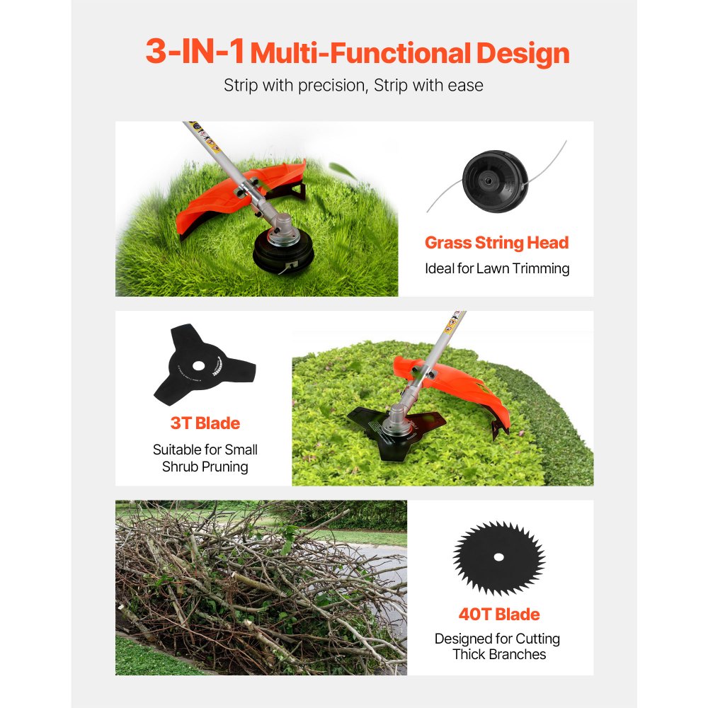 52cc Gas Powered String Trimmer & Brush Cutter with 17" Cutting Swath, 3T Steel Blade, Shoulder Strap & Nylon Trimmer Head