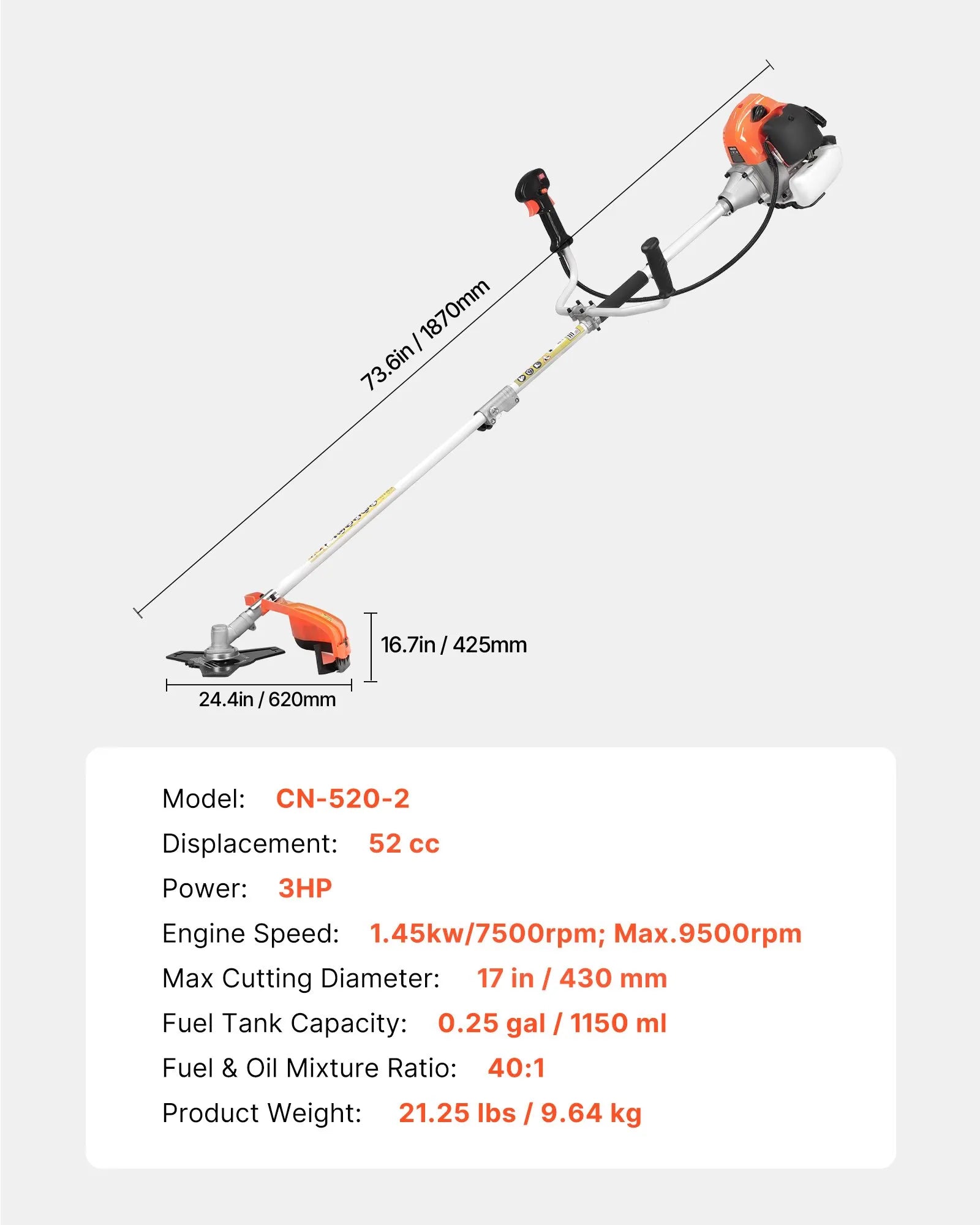 52cc Gas Powered String Trimmer & Brush Cutter with 17" Cutting Swath, 3T Steel Blade, Shoulder Strap & Nylon Trimmer Head