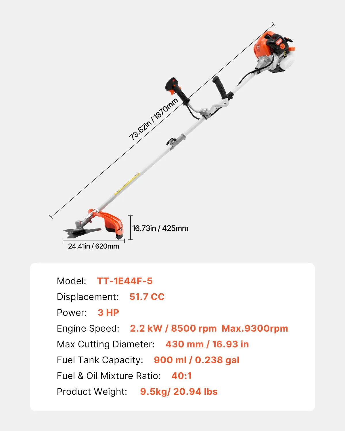 VEVOR Cordless String Trimmer 16.9" 51.7CC Gas Powered Grass Trimmer