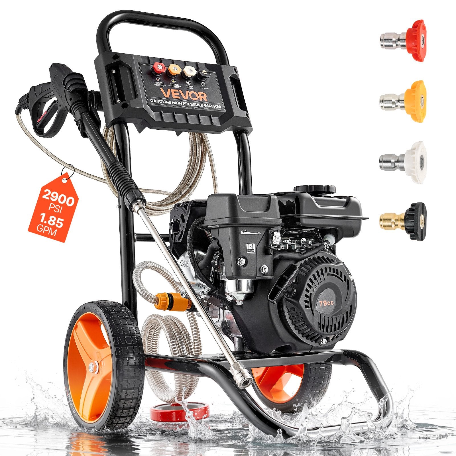 Gas Pressure Washer 2900 PSI 1.85 GPM, Aluminum Pump, 4 Nozzles, 26 ft Hose, Gas Powered Cleaner for Driveways, Cars & Patios