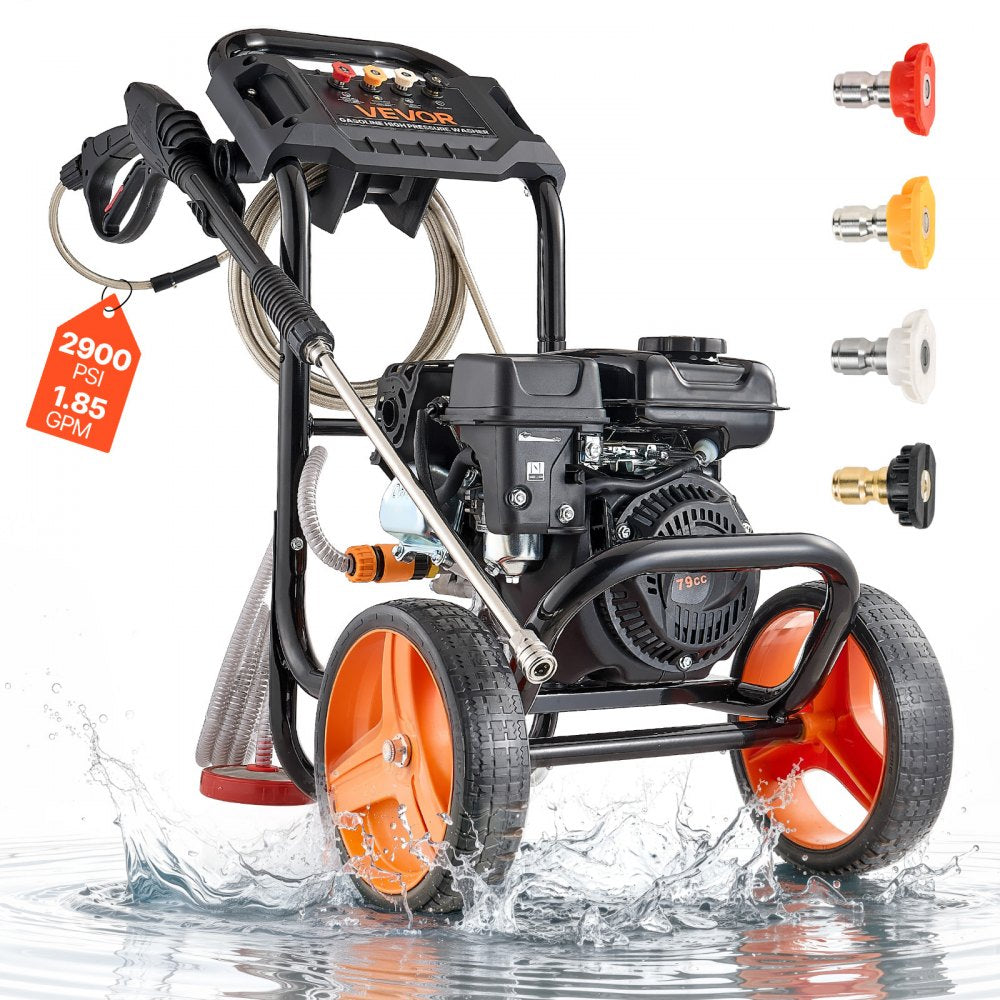 VEVOR Gas Pressure Washer 2900 PSI, 1.85 GPM, Aluminum Pump, 4 Nozzles, 26.3 ft Hose