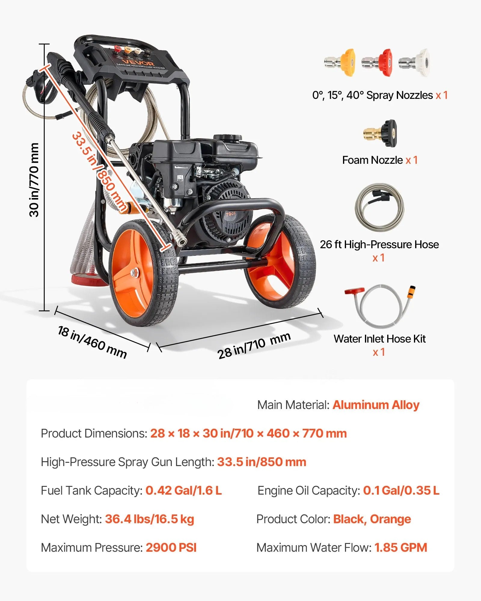 VEVOR Gas Pressure Washer 2900 PSI, 1.85 GPM, Aluminum Pump, 4 Nozzles, 26.3 ft Hose