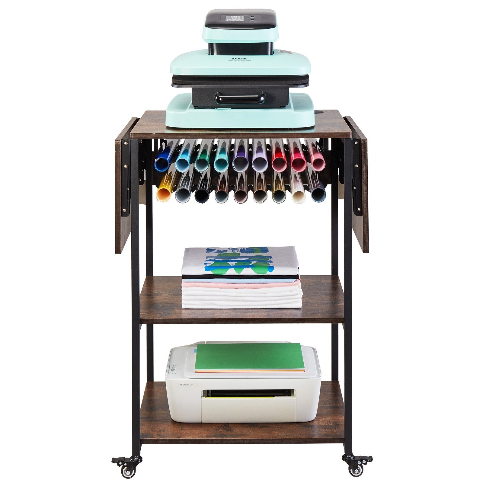 VEVOR Heat Press Table 3Tier Movable Heat Press Stand Foldable with Wheels Brown