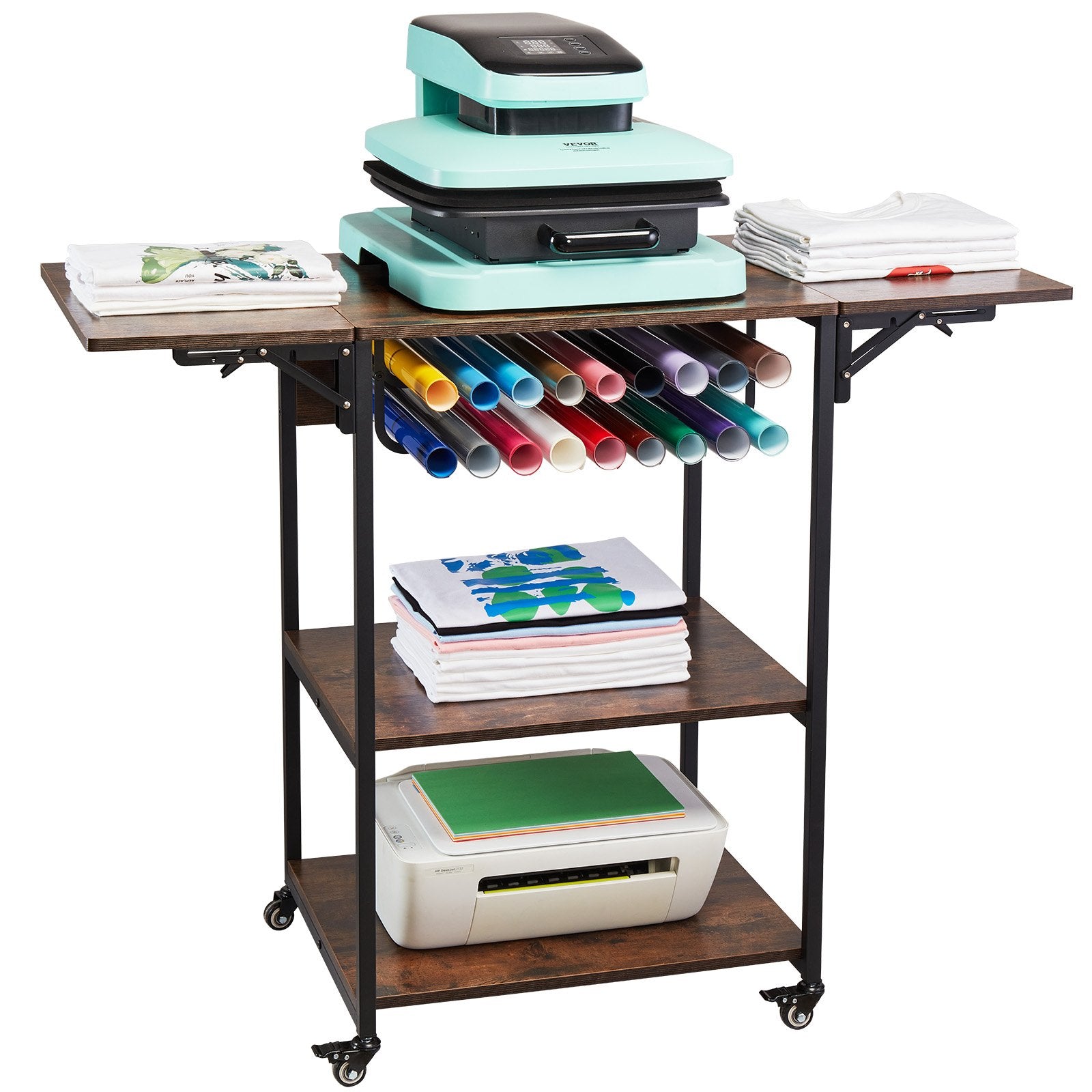 VEVOR Heat Press Table 3Tier Movable Heat Press Stand Foldable with Wheels Brown