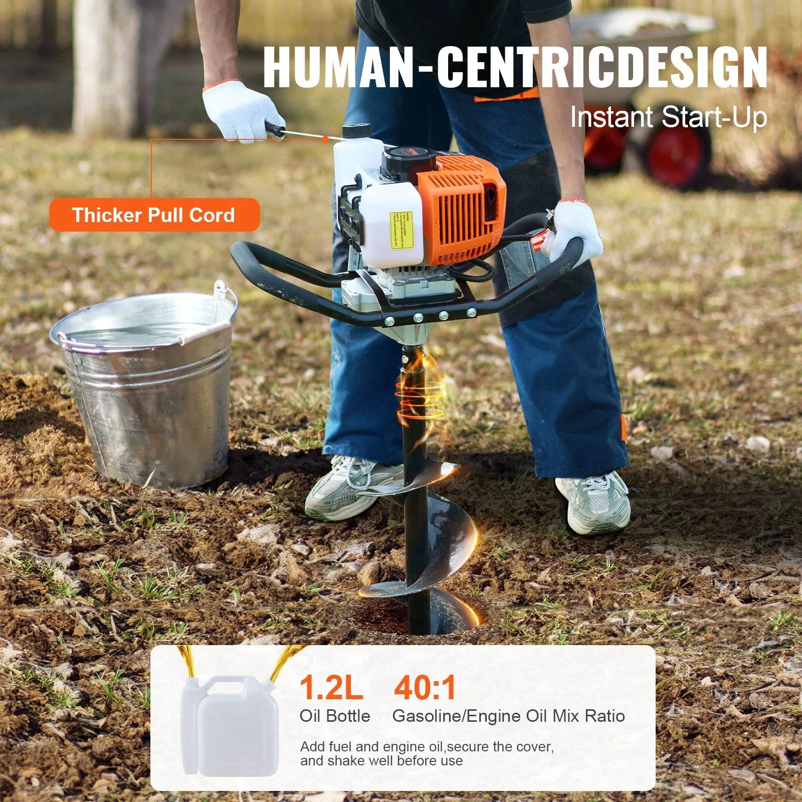 VEVOR Post Hole Digger Gas Powered, 63CC 2400W Earth Auger, Gas Auger with 8” Auger Drill Action Design Bits & 1 Extension Rod, Post Fence Hole Digger for Farmland Garden Plant, Orange+Black