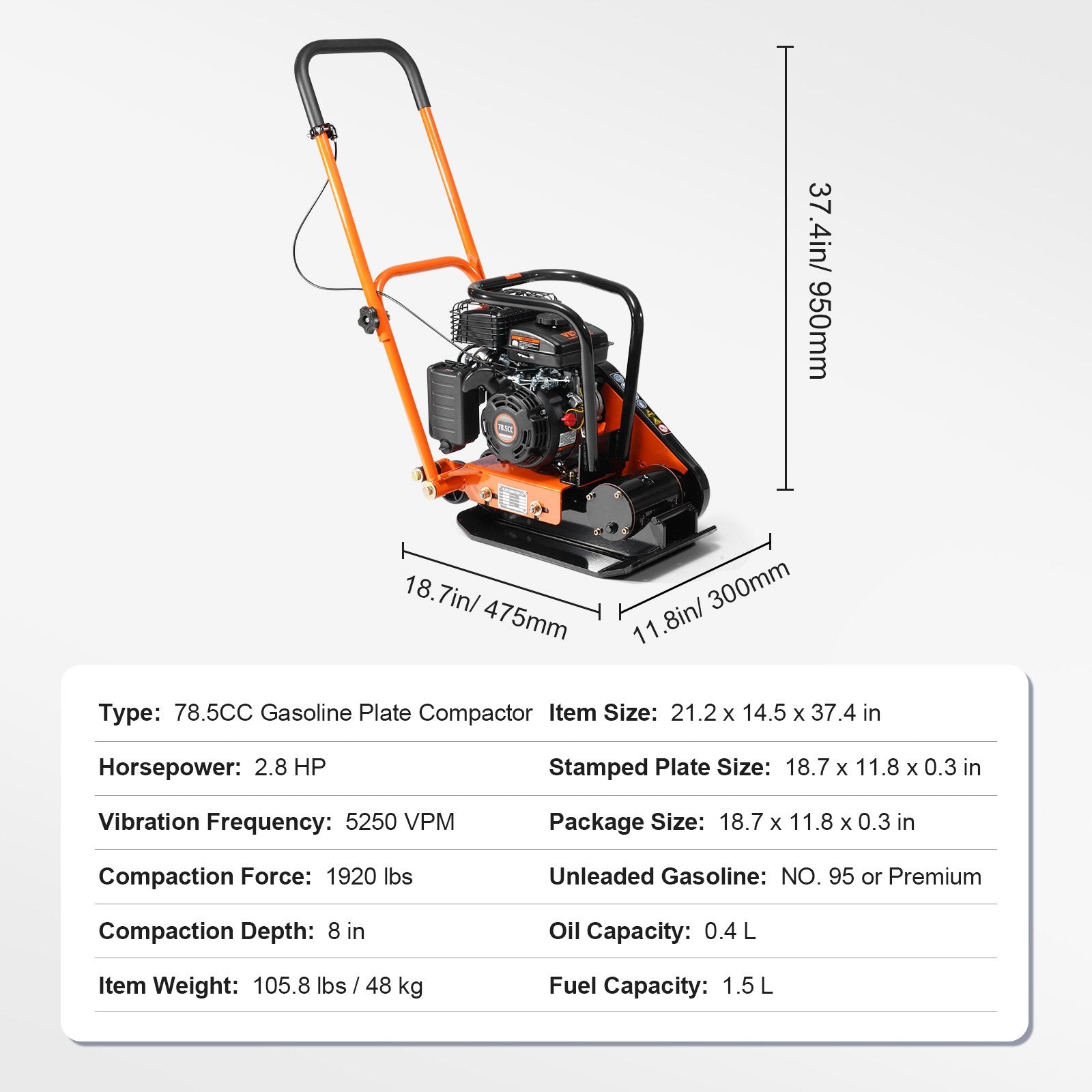VEVOR Plate Compactor, 2.8 HP 78.5CC Gas Engine 5,250 VPM, 1,920 lbs Force Vibratory Compaction Tamper with 18.7 x 11.8 inch Plate for Walkways, Patios, Asphalts, Paver Landscaping
