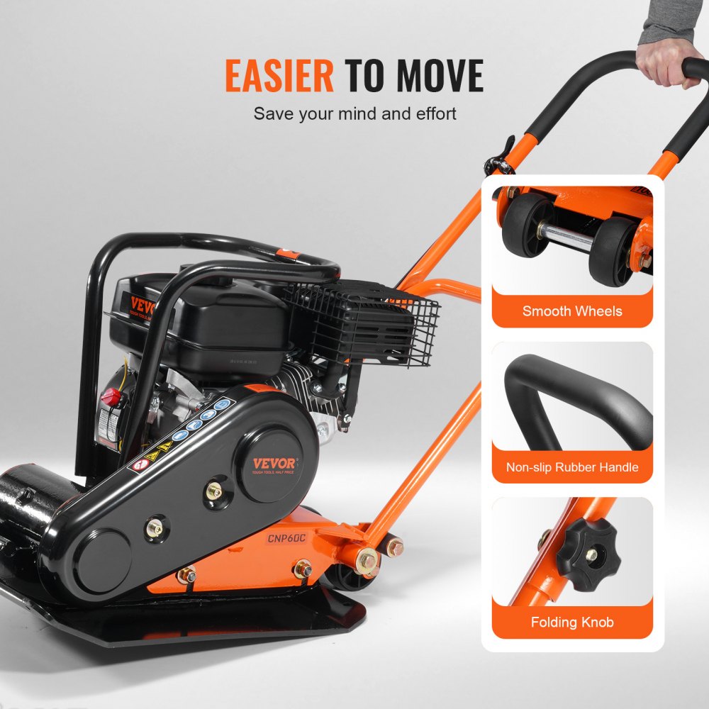 VEVOR Plate Compactor, 6.5 HP 196CC Gas Engine 5,600 VPM, 4,200 lbs Force Vibratory Compaction Tamper with 22.1 x 15.9 in Plate for Walkways, Patios, Asphalts, Paver Landscaping, EPA & CARB Compliant