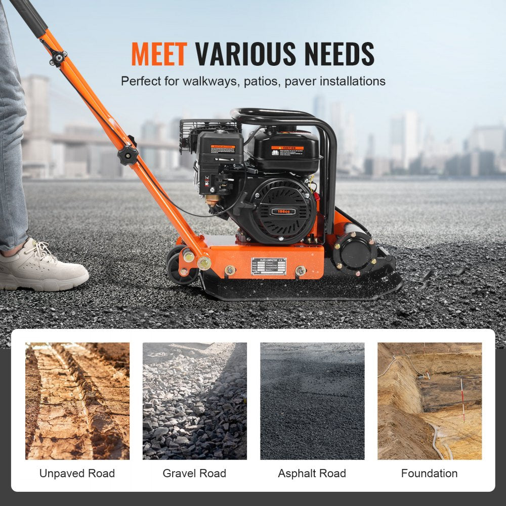 VEVOR Plate Compactor, 6.5 HP 196CC Gas Engine 5,600 VPM, 4,200 lbs Force Vibratory Compaction Tamper with 22.1 x 15.9 in Plate for Walkways, Patios, Asphalts, Paver Landscaping, EPA & CARB Compliant
