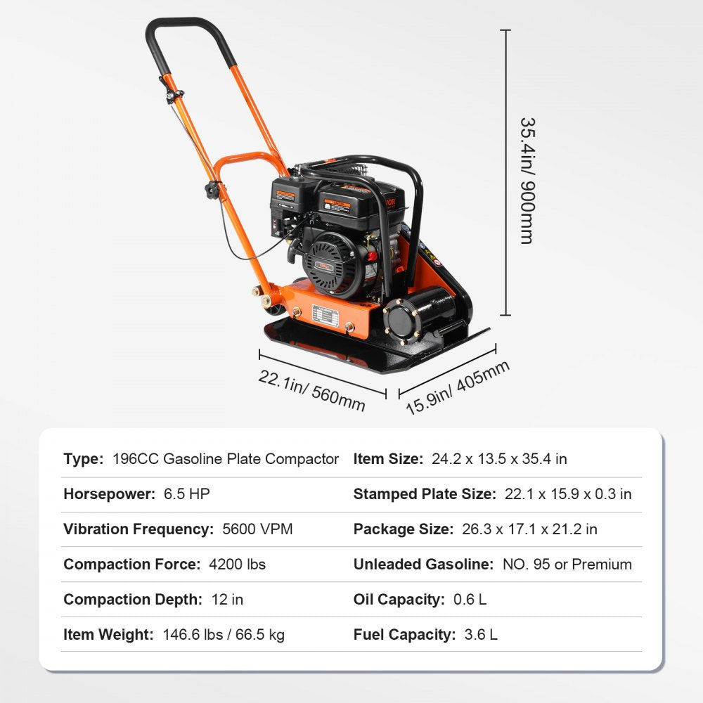 VEVOR Plate Compactor, 6.5 HP 196CC Gas Engine 5,600 VPM, 4,200 lbs Force Vibratory Compaction Tamper with 22.1 x 15.9 in Plate for Walkways, Patios, Asphalts, Paver Landscaping, EPA & CARB Compliant