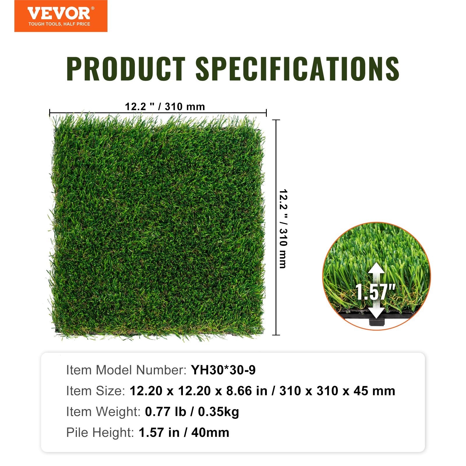 VEVOR Artifical Grass Tiles Interlocking Turf Deck Set, 9 Pack - 12"x12", Synthetic Fake Grass Self-draining Mat Flooring Decor Pad, Perfect For Multi-Purpose Indoor Outdoor Entryway Scraper Dog Mats