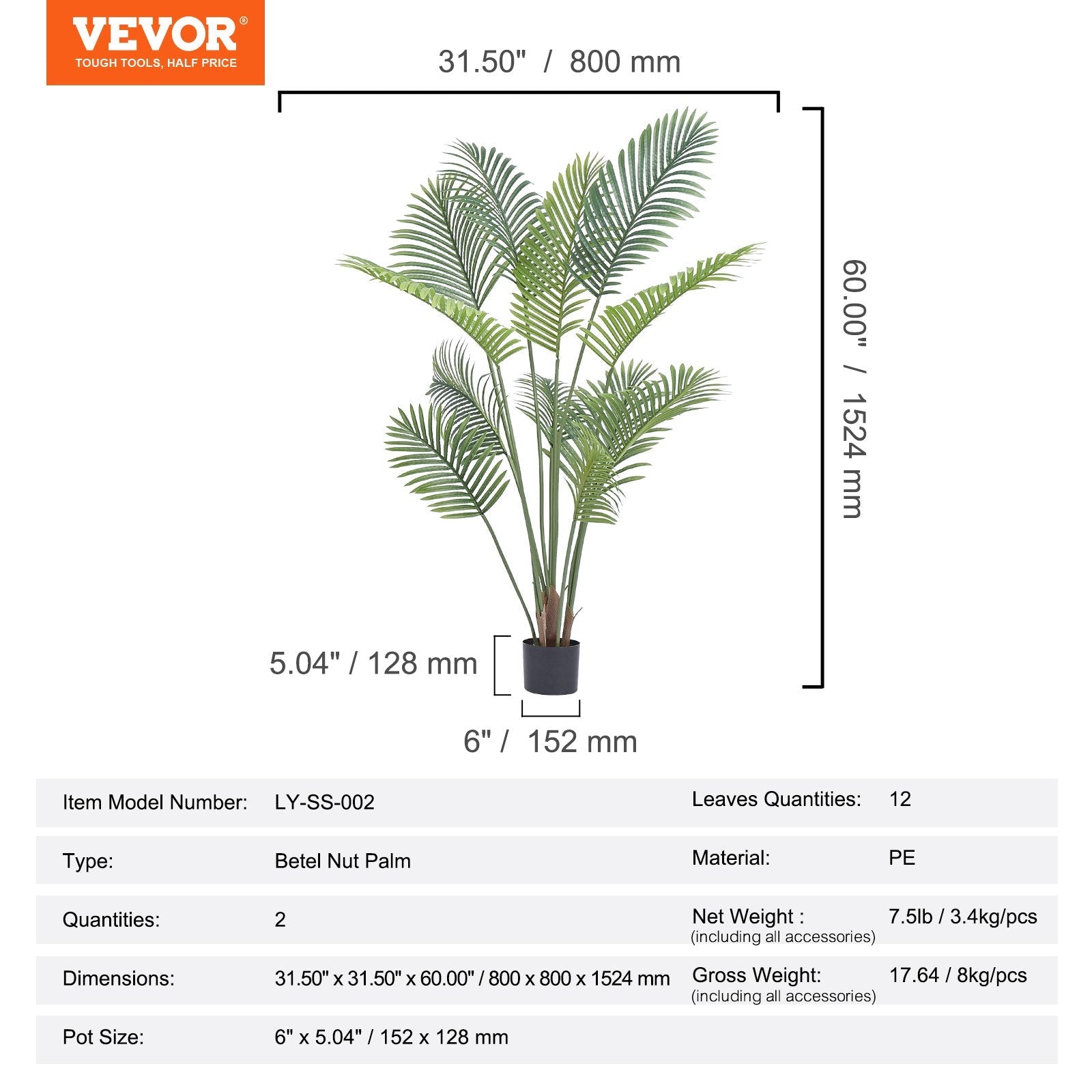 VEVOR Artificial Palm Tree, 5 FT Tall Faux Plant, Secure PE Material & Anti-Tip Tilt Protection Low-Maintenance Plant, Lifelike Green Fake Tree for Home Office Warehouse Decor Indoor Outdoor