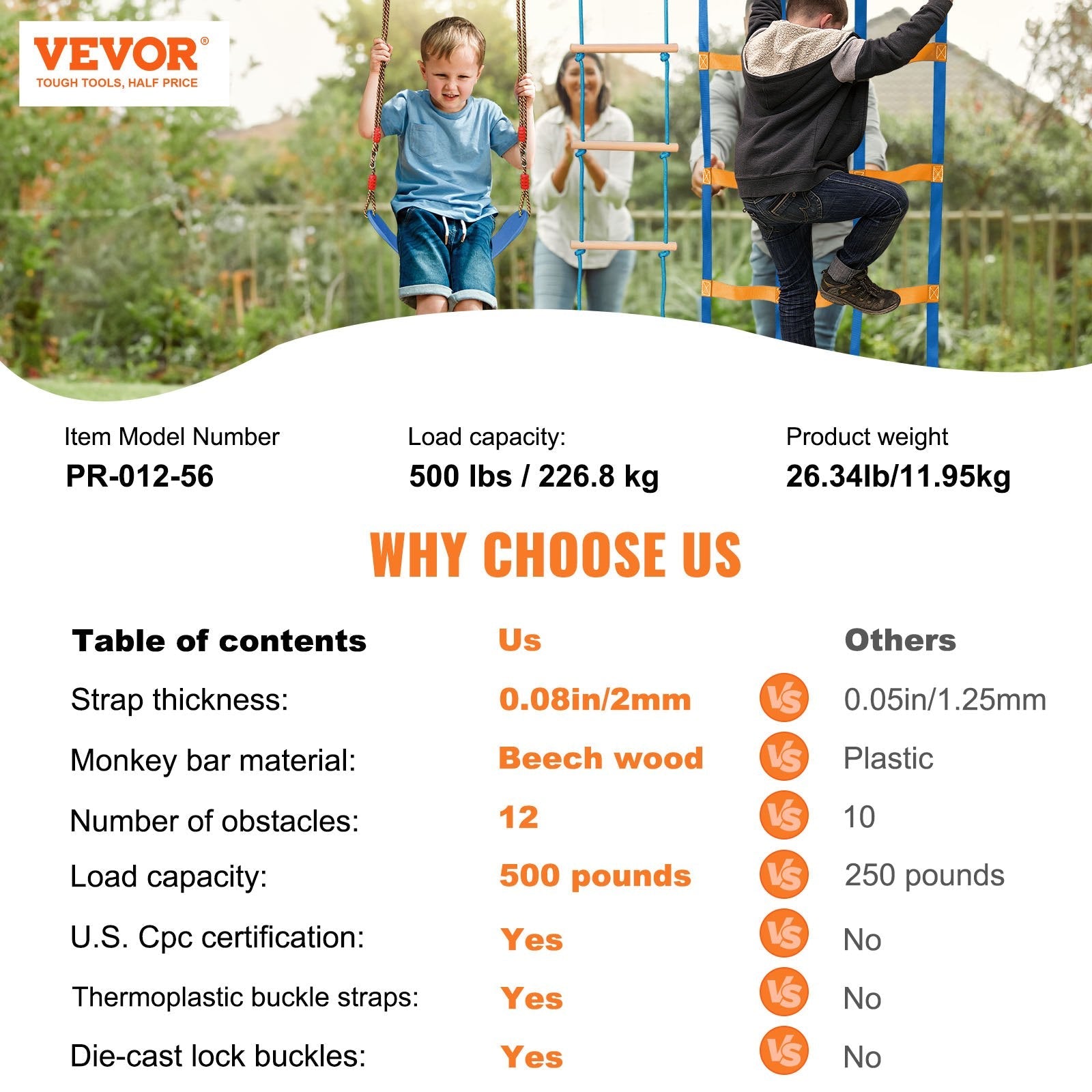 VEVOR Ninja Warrior Obstacle Course for Kids, 2 x 56 ft Weatherproof Slacklines, 500lbs Weight Capacity Monkey Line, Outdoor Playset Equipment, Backyard Toys Training Equipment Set with 12 Obstacles