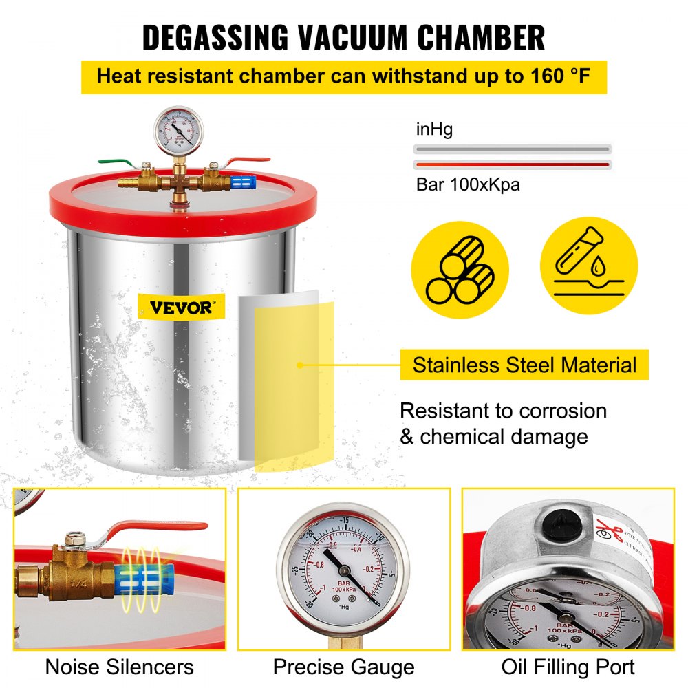VEVOR Vacuum Chamber with Pump, 5 Gallon Chamber, 5CFM 1/2 HP Single Stage Rotary Vane Vacuum Pump, 110V HVAC Air Tool Set for Stabilizing Wood, Degassing Silicones, Epoxies and Essential Oils