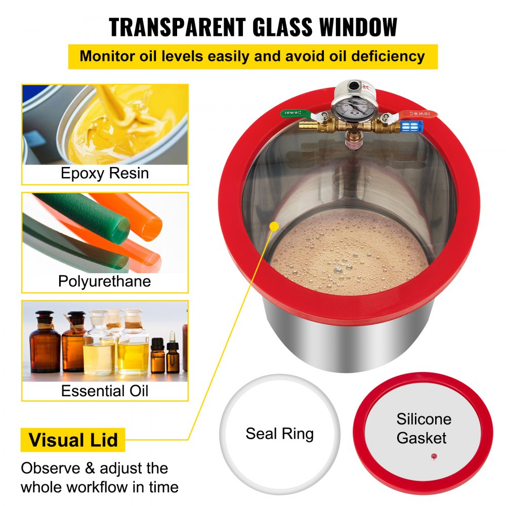 VEVOR Vacuum Chamber with Pump, 5 Gallon Chamber, 5CFM 1/2 HP Single Stage Rotary Vane Vacuum Pump, 110V HVAC Air Tool Set for Stabilizing Wood, Degassing Silicones, Epoxies and Essential Oils