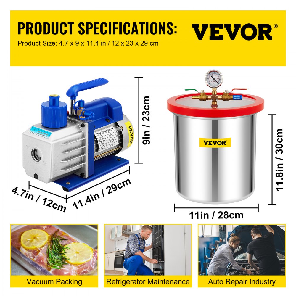 VEVOR Vacuum Chamber with Pump, 5 Gallon Chamber, 5CFM 1/2 HP Single Stage Rotary Vane Vacuum Pump, 110V HVAC Air Tool Set for Stabilizing Wood, Degassing Silicones, Epoxies and Essential Oils