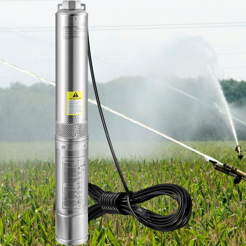 VEVOR Deep Well Submersible Pump, 1HP/750W 115V/60Hz, 37GPM Flow 207 ft Head, with 33 ft Electric Cord, 4 inch Stainless Steel Water Pumps for Industrial, Irrigation & Home Use, IP68 Waterproof Grade