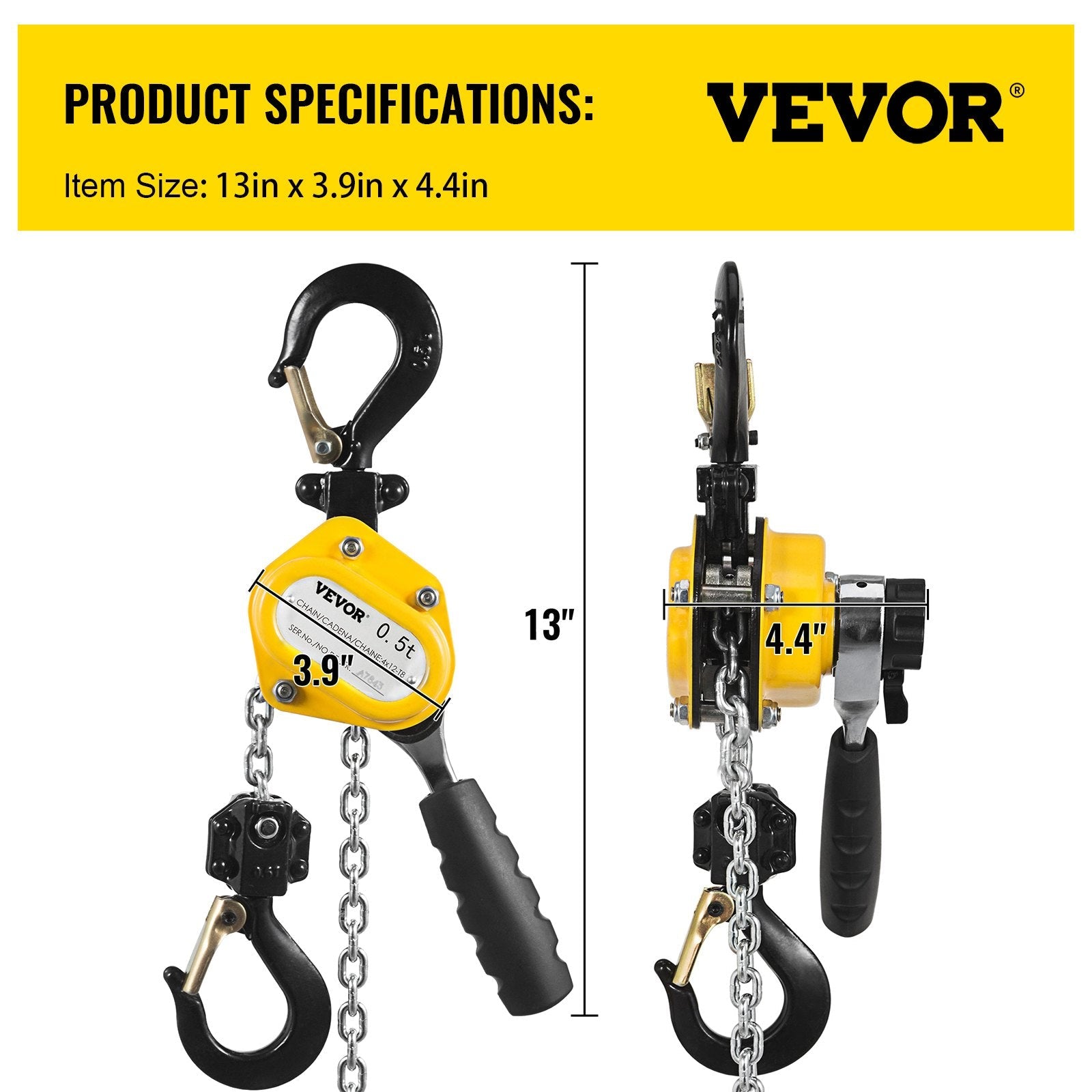 VEVOR 0.5T Lever Block Chain Hoist 3M 10Ft Chain Hoist Alloy Steel G80 Chain Ratchet Lever Hoist with Hook (0.5T 10 Ft)
