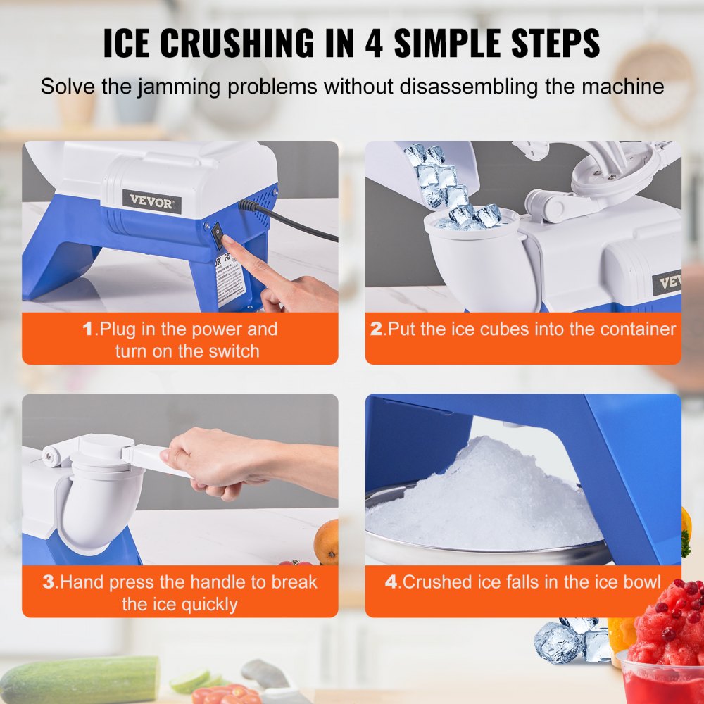 VEVOR Ice Crushers Machine, 176lbs Per Hour Electric Snow Cone Maker with 2 Blades, Shaved Ice Machine, 220W Ice Shaver Machine for Margaritas, Home and Commercial Use, White