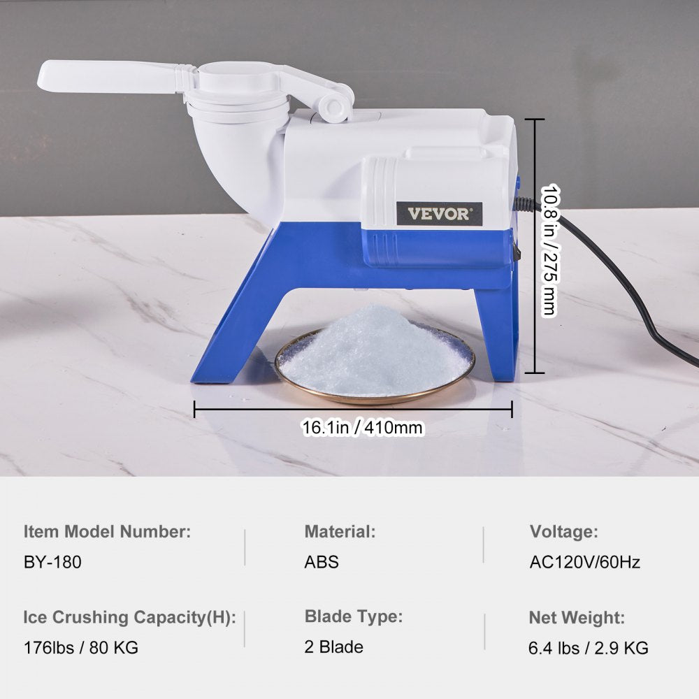 VEVOR Ice Crushers Machine, 176lbs Per Hour Electric Snow Cone Maker with 2 Blades, Shaved Ice Machine, 220W Ice Shaver Machine for Margaritas, Home and Commercial Use, White