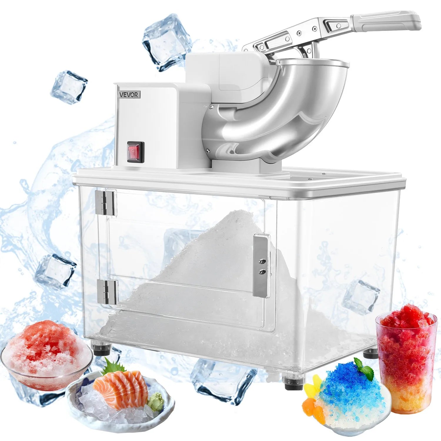 VEVOR Commercial Ice Crusher 661LBS/H, 350W Electric Snow Cone Machine with 4 Blades, 1400RPM Stainless Steel Shaved Ice Machine with 11 Gal Crushed-Ice Box, for Family Restaurants Bars, White
