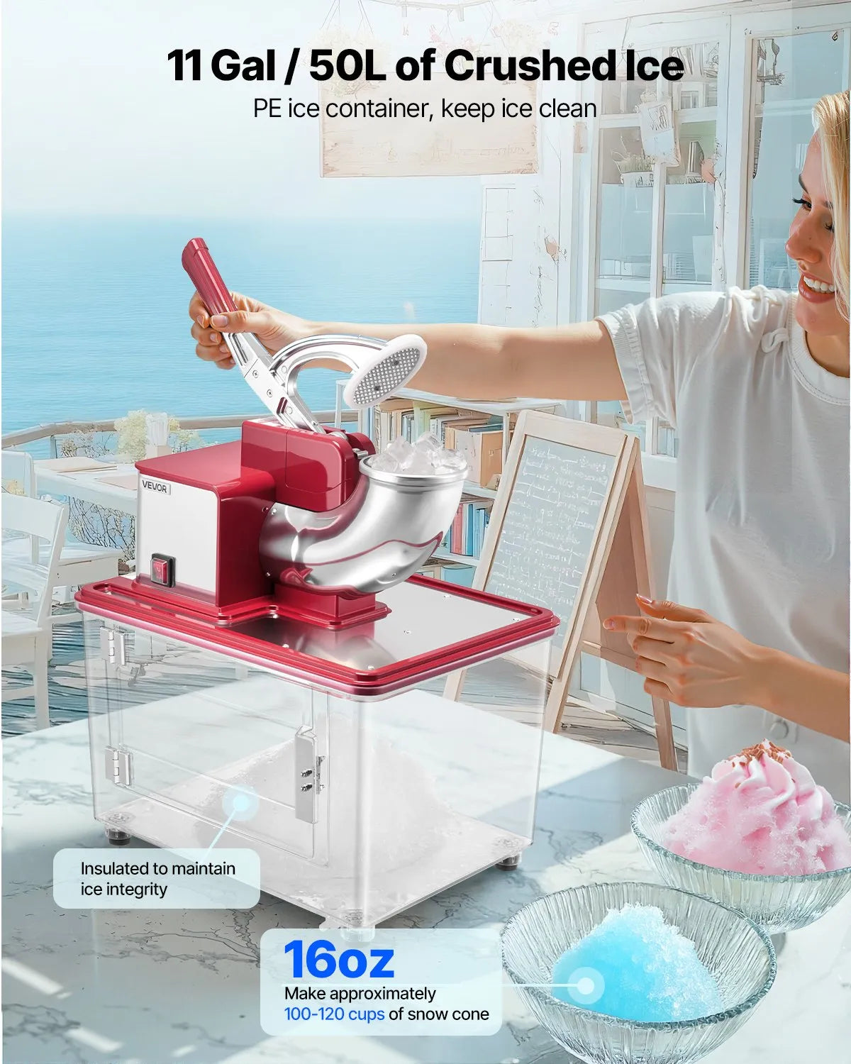 VEVOR Commercial Ice Crusher 661LBS/H, 350W Electric Snow Cone Machine with 4 Blades, 2000RPM Stainless Steel Shaved Ice Machine with 11 Gal Crushed-Ice Box, for Family Restaurants Bars, Red