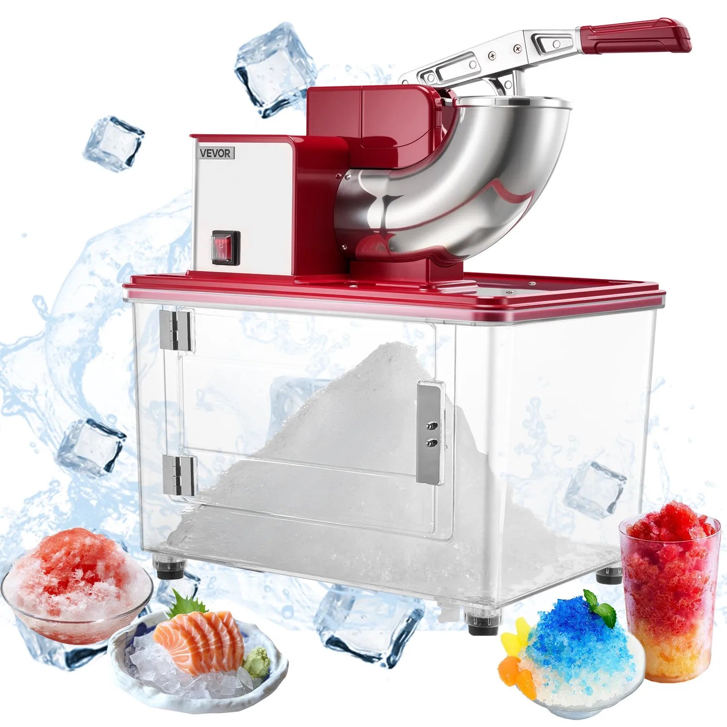 VEVOR Commercial Ice Crusher 661LBS/H, 350W Electric Snow Cone Machine with 4 Blades, 2000RPM Stainless Steel Shaved Ice Machine with 11 Gal Crushed-Ice Box, for Family Restaurants Bars, Red