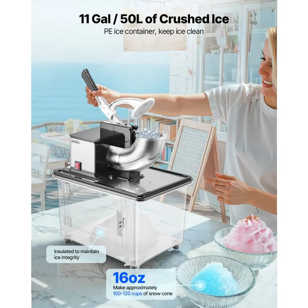 VEVOR Commercial Ice Crusher 661LBS/H, 350W Electric Snow Cone Machine with 4 Blades, 2000RPM Stainless Steel Shaved Ice Machine with 11 Gal Crushed-Ice Box, for Family Restaurants Bars, Black