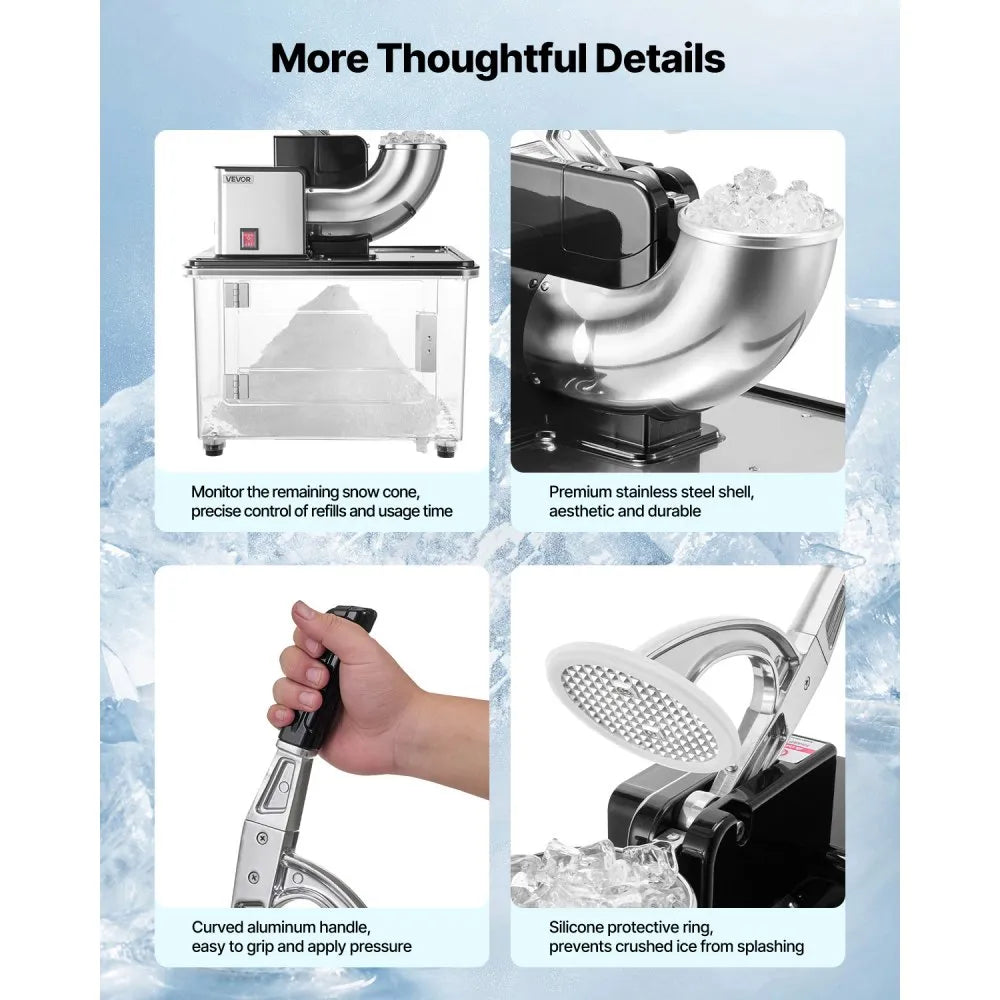 VEVOR Commercial Ice Crusher 661LBS/H, 350W Electric Snow Cone Machine with 4 Blades, 2000RPM Stainless Steel Shaved Ice Machine with 11 Gal Crushed-Ice Box, for Family Restaurants Bars, Black