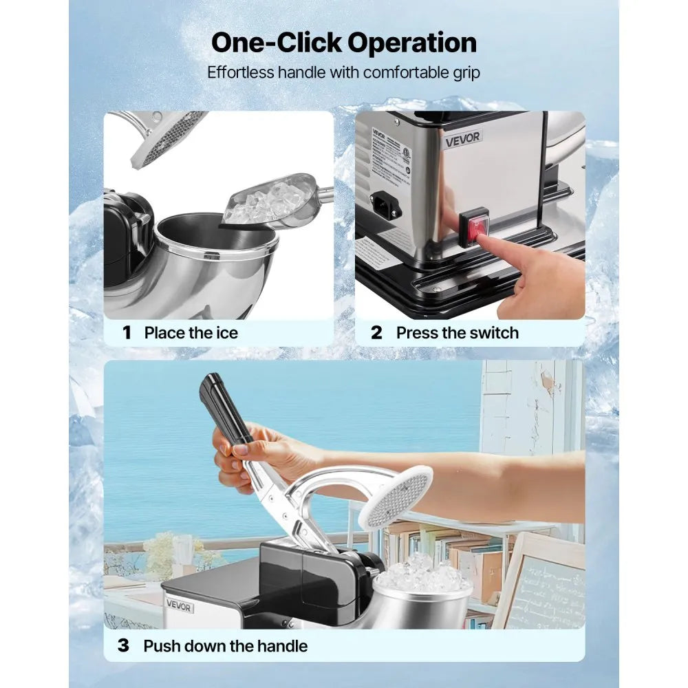 VEVOR Commercial Ice Crusher 661LBS/H, 350W Electric Snow Cone Machine with 4 Blades, 2000RPM Stainless Steel Shaved Ice Machine with 11 Gal Crushed-Ice Box, for Family Restaurants Bars, Black