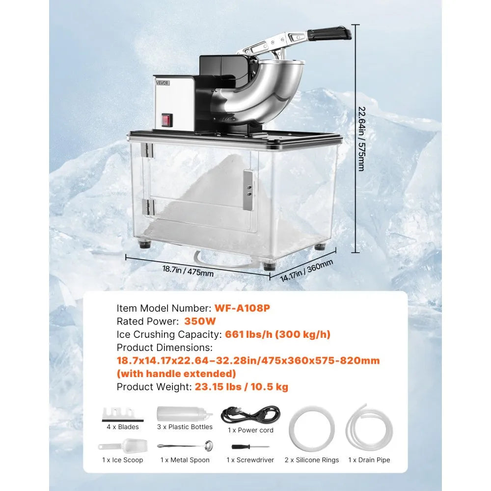 VEVOR Commercial Ice Crusher 661LBS/H, 350W Electric Snow Cone Machine with 4 Blades, 2000RPM Stainless Steel Shaved Ice Machine with 11 Gal Crushed-Ice Box, for Family Restaurants Bars, Black