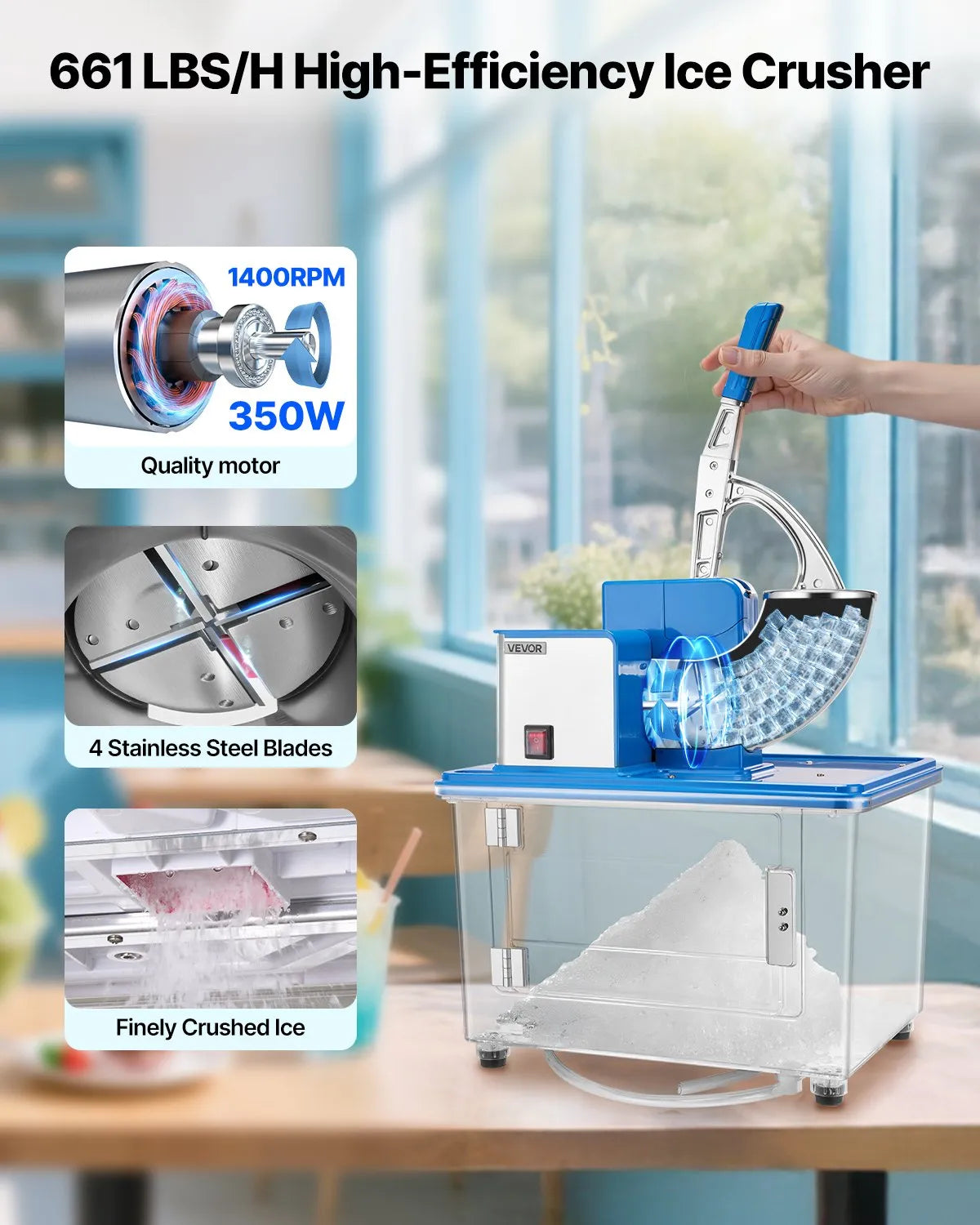 VEVOR Commercial Ice Crusher 661LBS/H, 350W Electric Snow Cone Machine with 4 Blades, 2000RPM Stainless Steel Shaved Ice Machine with 11 Gal Crushed-Ice Box