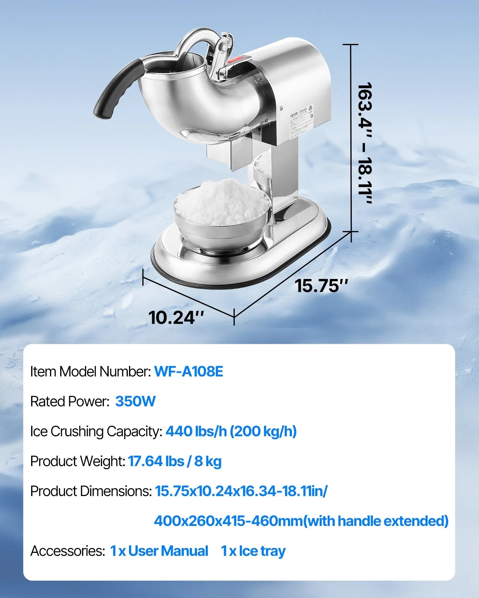 VEVOR Ice Crusher Machine, 440lbs Per Hour Electric 4 Blades Snow Cone Maker, All Stainless Steel Shaved Ice Machine with Bowl and Cover, 350W 1400RPM Ice-Shaver for Home and Commercial Use, Silver