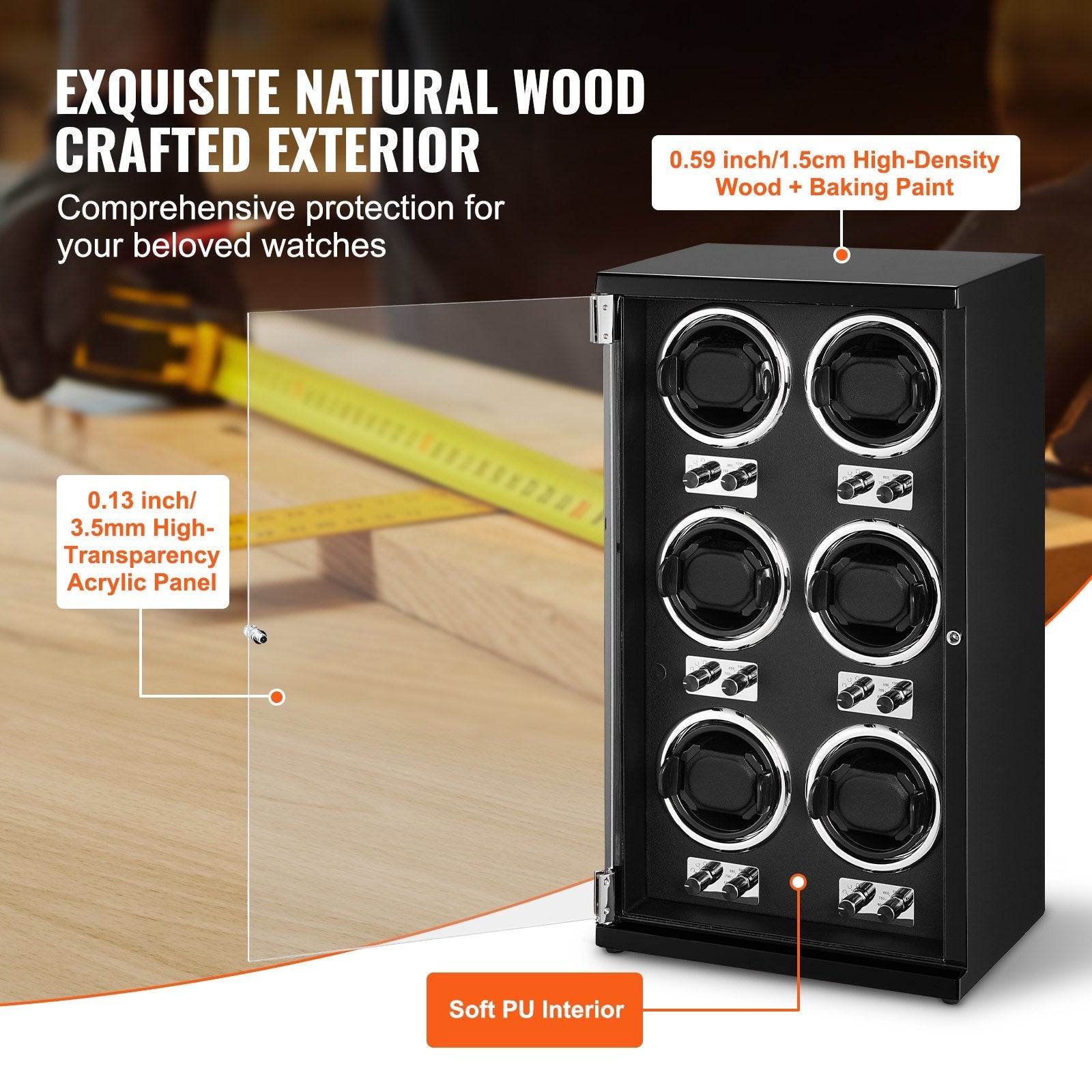 VEVOR Watch Winder, Watch Winder for 6 Men's and Women's Automatic Watches, with 6 Super Quiet Japanese Mabuchi Motors, Blue LED Light and Adapter, High-Density Board Shell and Black PU