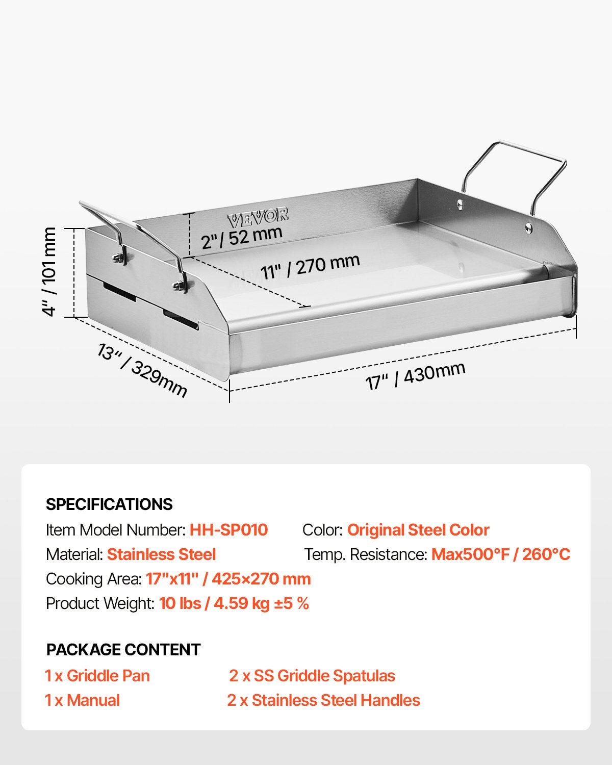 VEVOR 17x13 in Flat Top Griddle Stainless Steel Universal BBQ Grill Pan Cookware