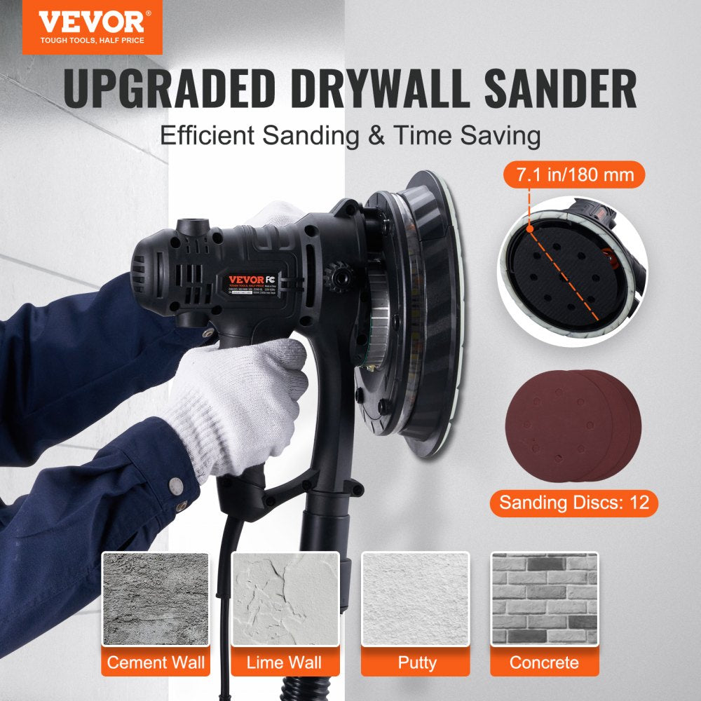 VEVOR Drywall Sander, 800W Electric Sander with 12 Sanding Discs, Variable Speed 1200-2300 RPM Wall Sander with Automatic Vacuum Dust Collection System, Double LED Lights, Dust Bag, Detachable Edge