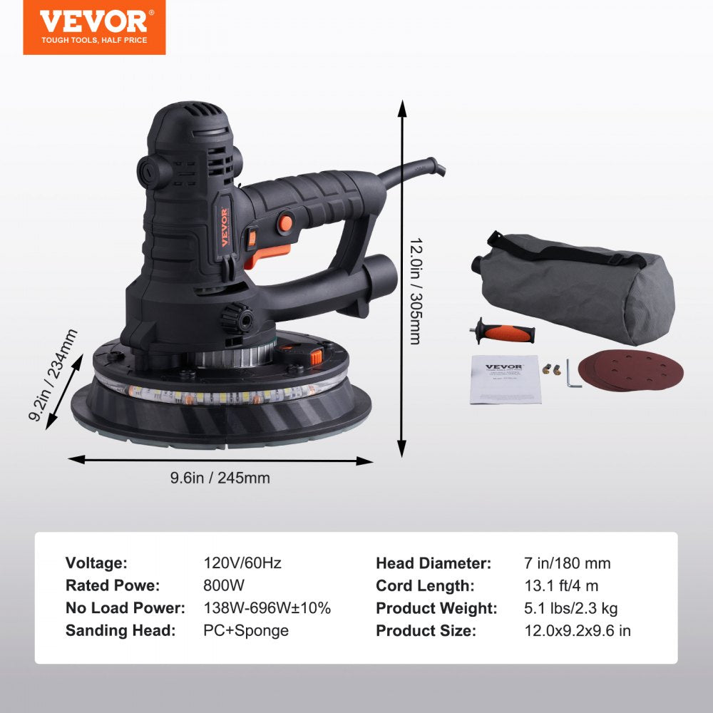 VEVOR Drywall Sander, 800W Electric Sander with 12 Sanding Discs, Variable Speed 1200-2300 RPM Wall Sander with Automatic Vacuum Dust Collection System, Double LED Lights, Dust Bag, Detachable Edge
