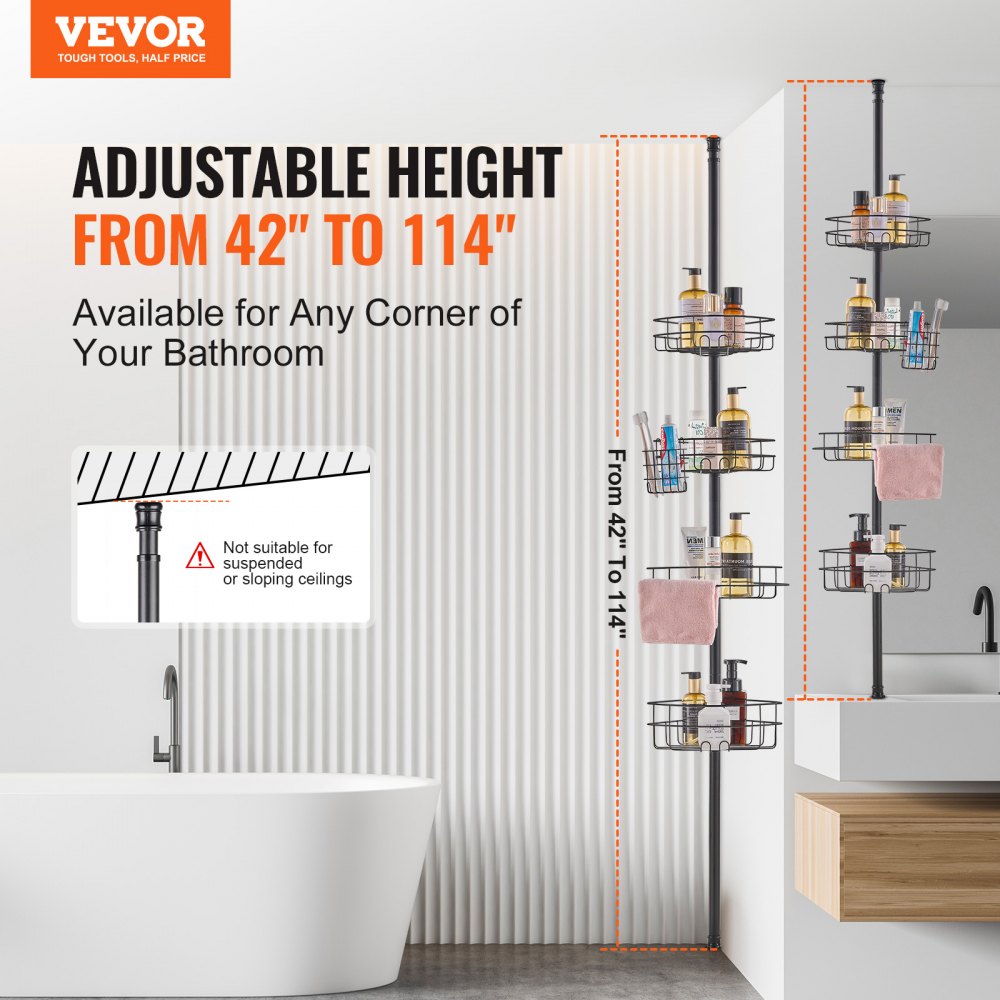 VEVOR 42" to 114" High Shower Corner Caddy Tension Pole Rust-Proof Tension Pole