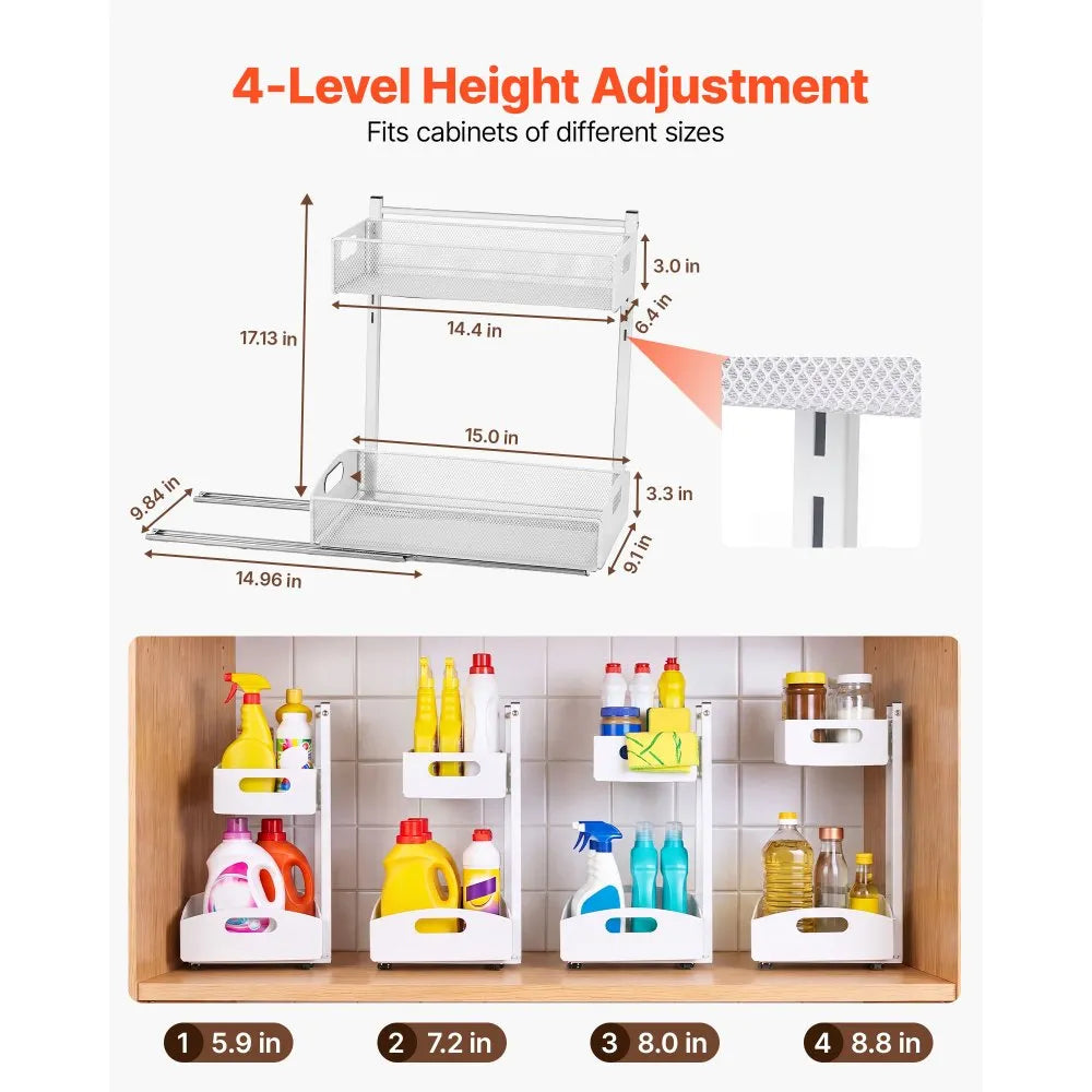 Under Sink Organizer 2-Pack – 2-Tier Pull-Out Cabinet Storage, Adjustable Height, White