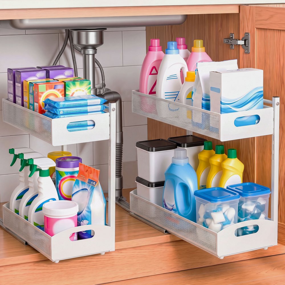 Under Sink Organizer 2-Pack – 2-Tier Pull-Out Cabinet Storage, Adjustable Height, White