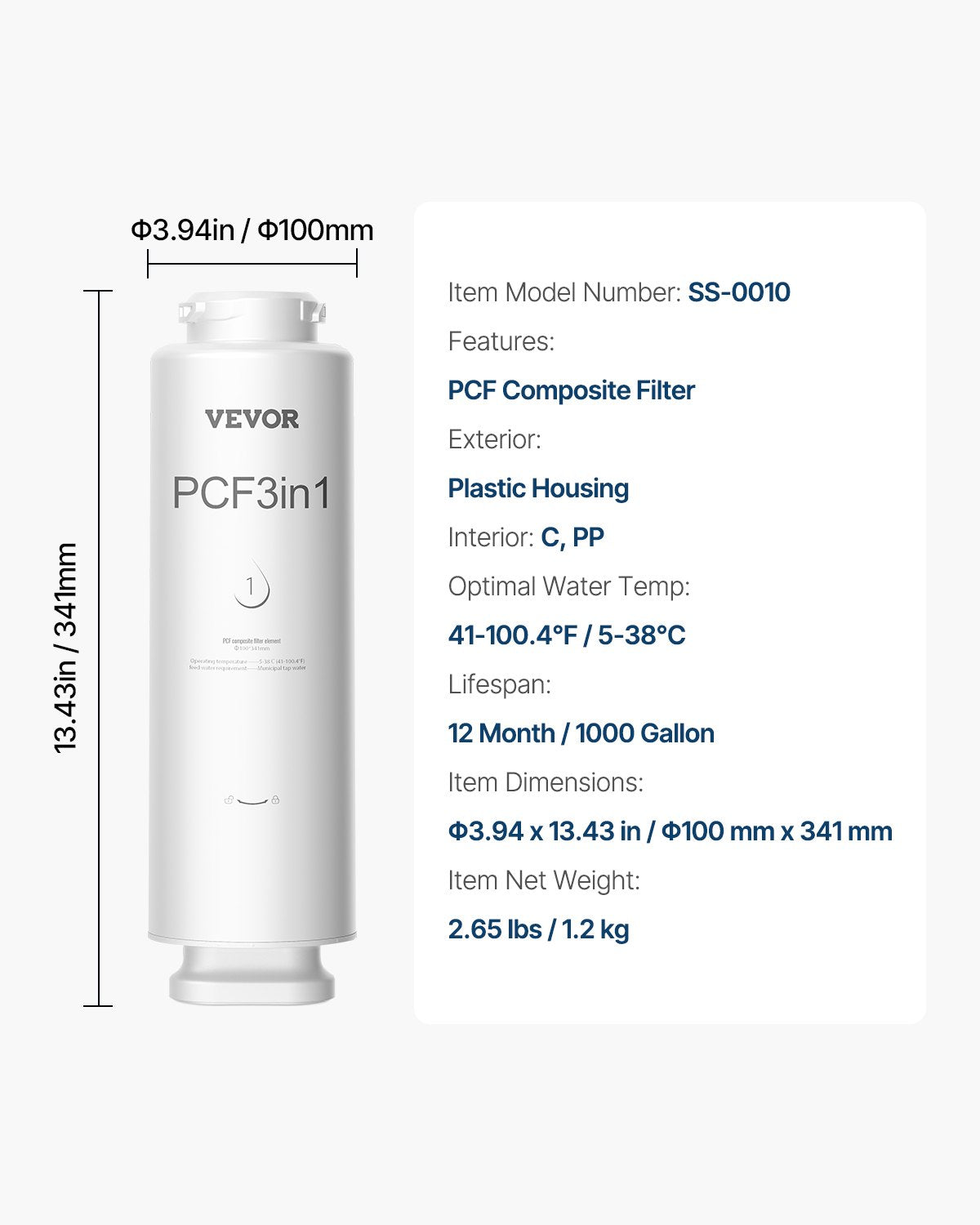 VEVOR PCF Composite Filter Replace for SS-001/003/005 Under Sink Water Filter