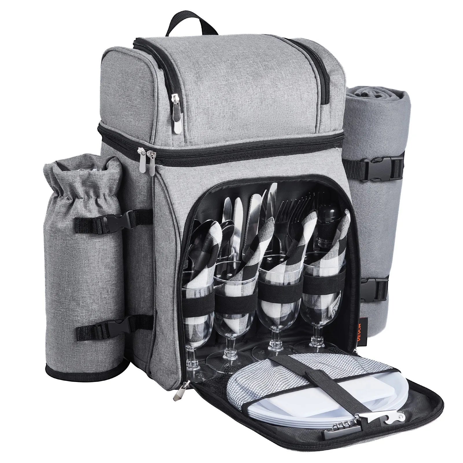VEVOR Beach Picnic Backpack Bag for 4 Person with Cooler Compartment Grey