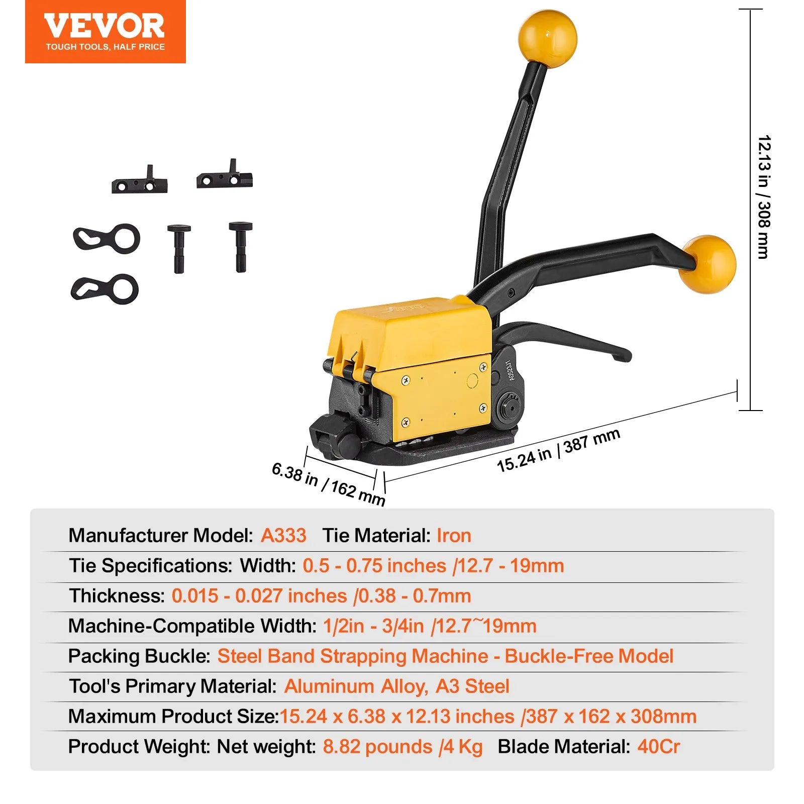 VEVOR Steel Strapping Tool for 1/2"-3/4" Width, 3-in-1 (Tensioner, Crimper, Cutter) Manual Belt Packaging Banding Machine Packaging Metal Steel Strapping Banding Tool Machine for Stainless Steel Strap
