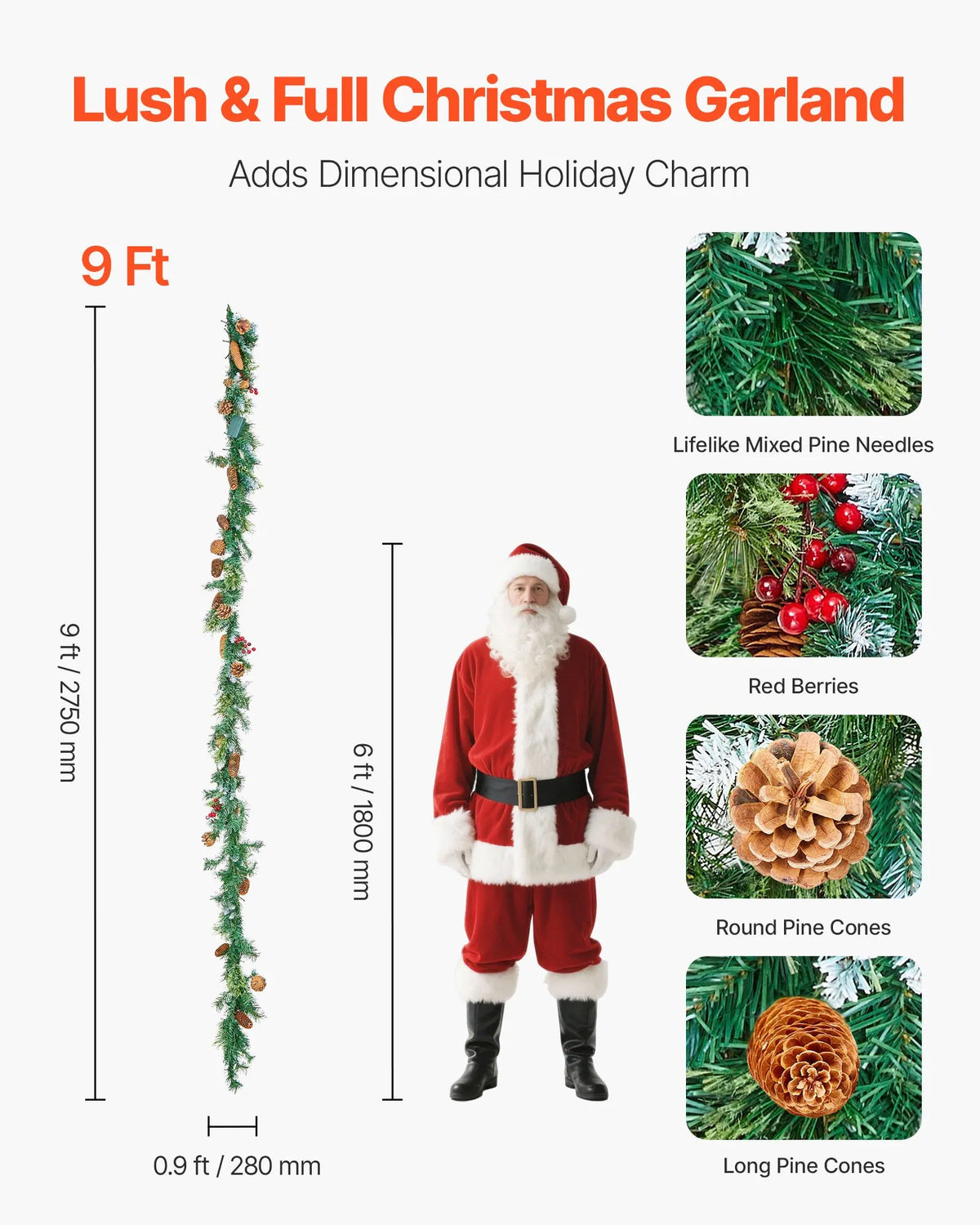 VEVOR 9-Ft Christmas Garland with 50 LED Lights, Artificial Pine Garland with Pine Cones and Berry Clusters for Mantel, Fireplace and Doorway