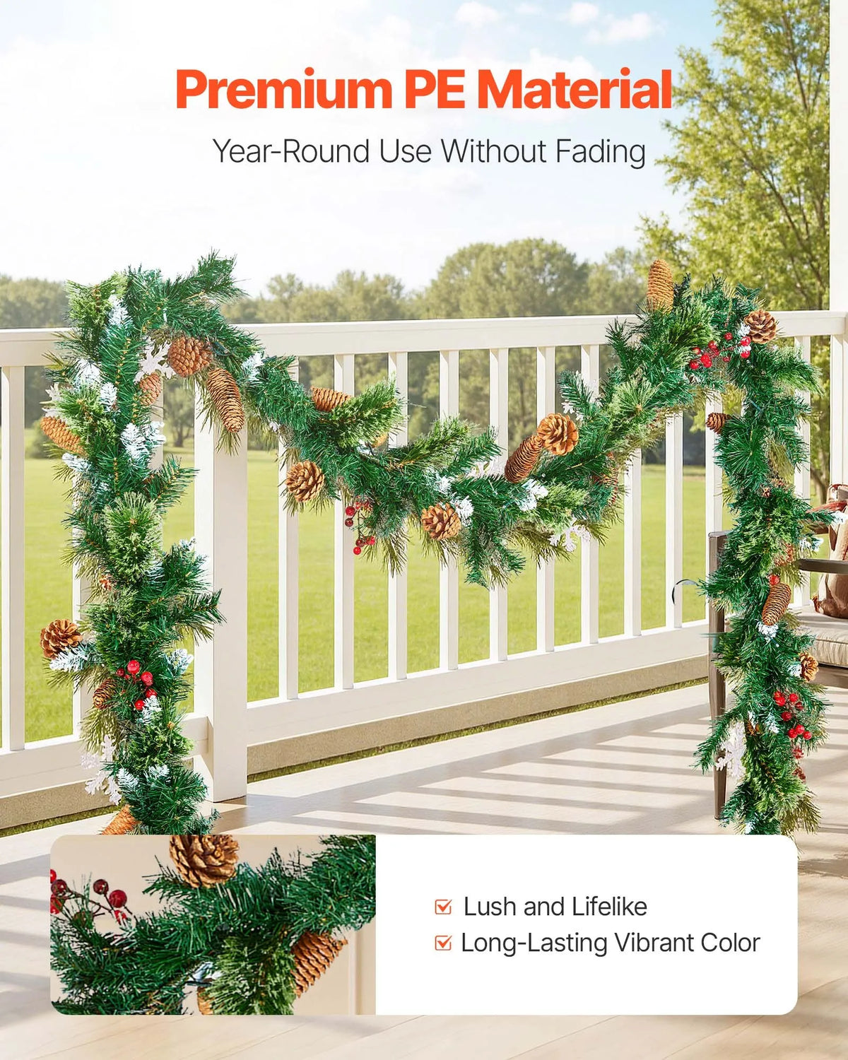 VEVOR 9-Ft Christmas Garland with 50 LED Lights, Artificial Pine Garland with Pine Cones and Berry Clusters for Mantel, Fireplace and Doorway