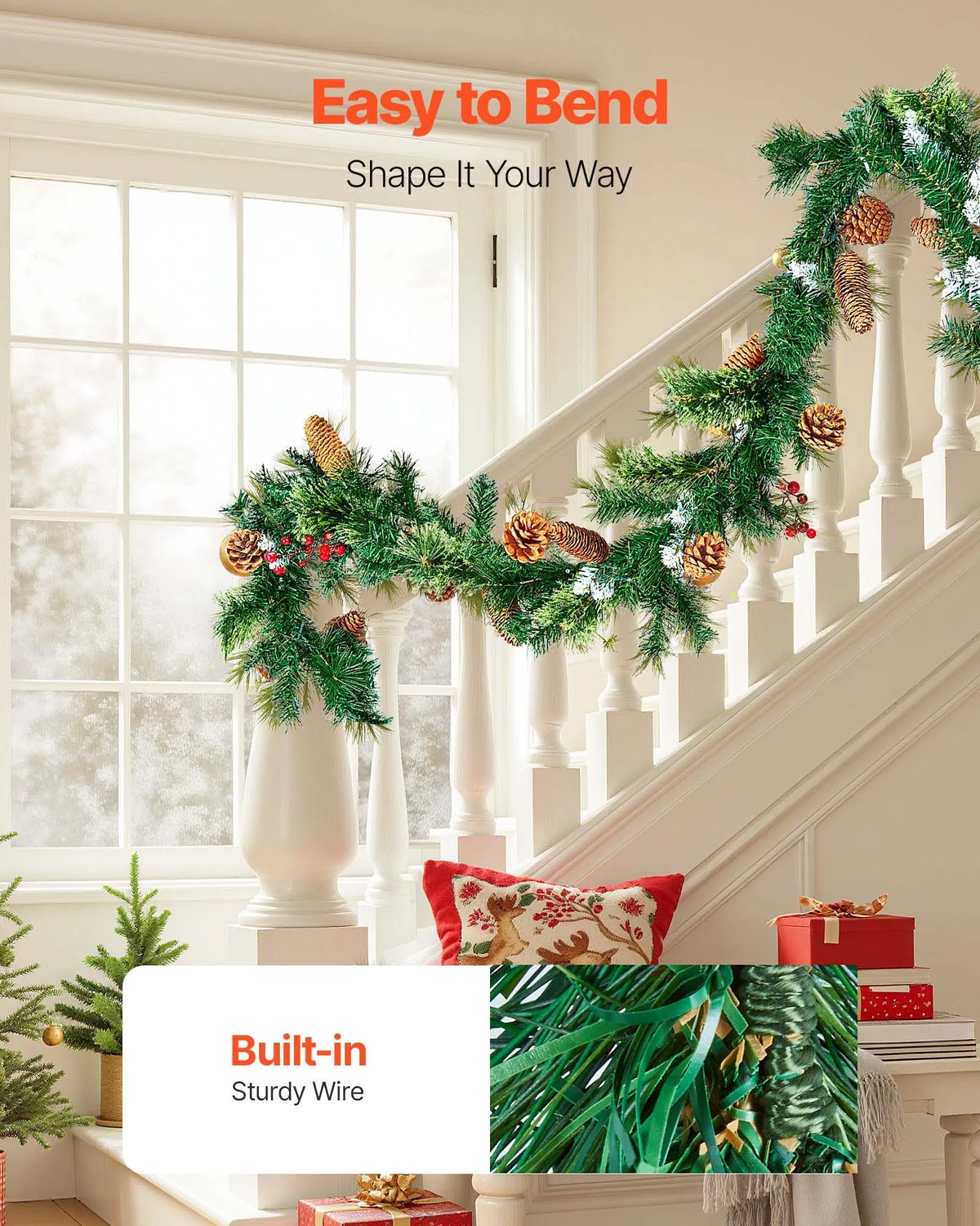 VEVOR 9-Ft Christmas Garland with 50 LED Lights, Artificial Pine Garland with Pine Cones and Berry Clusters for Mantel, Fireplace and Doorway