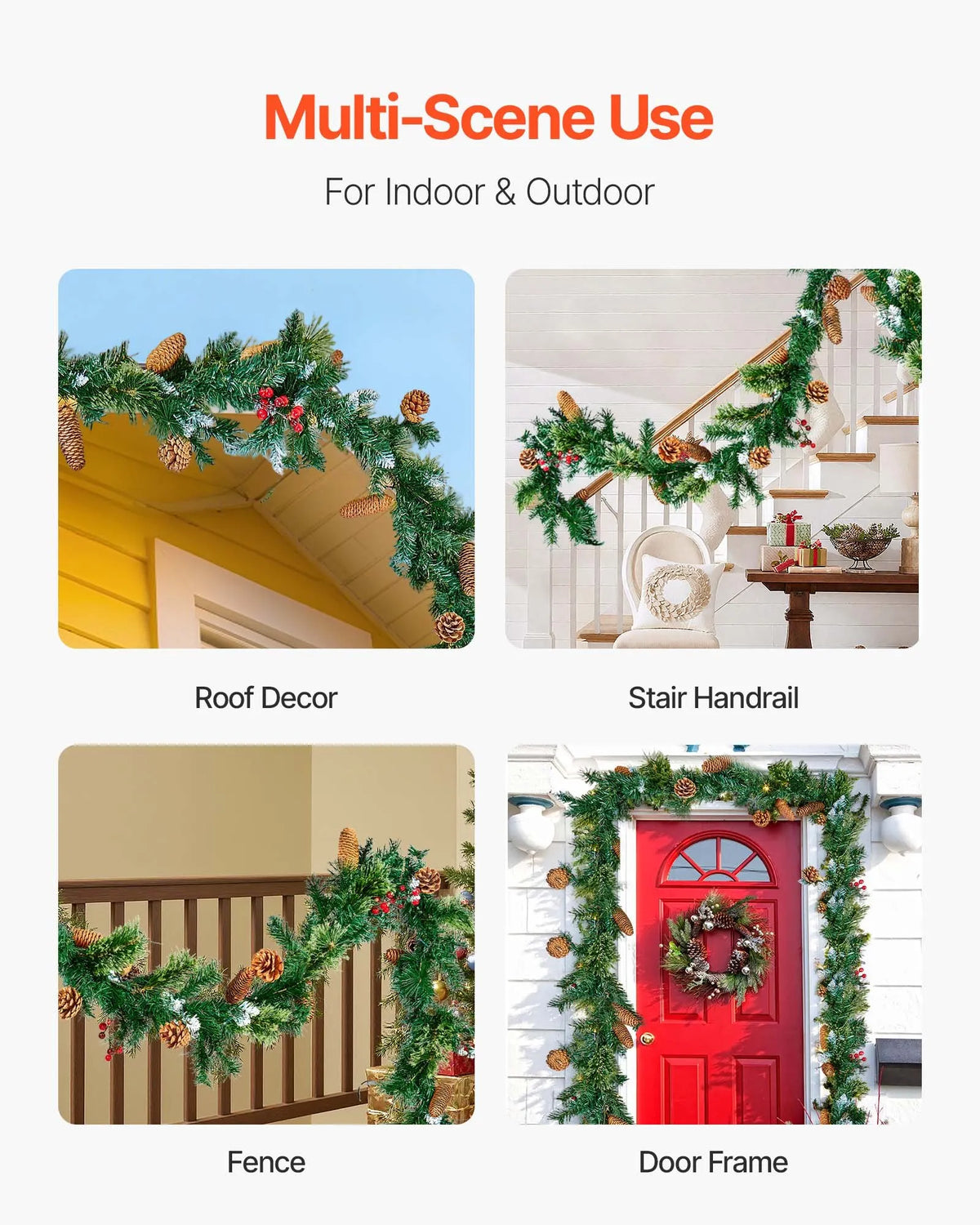 VEVOR 9-Ft Christmas Garland with 50 LED Lights, Artificial Pine Garland with Pine Cones and Berry Clusters for Mantel, Fireplace and Doorway