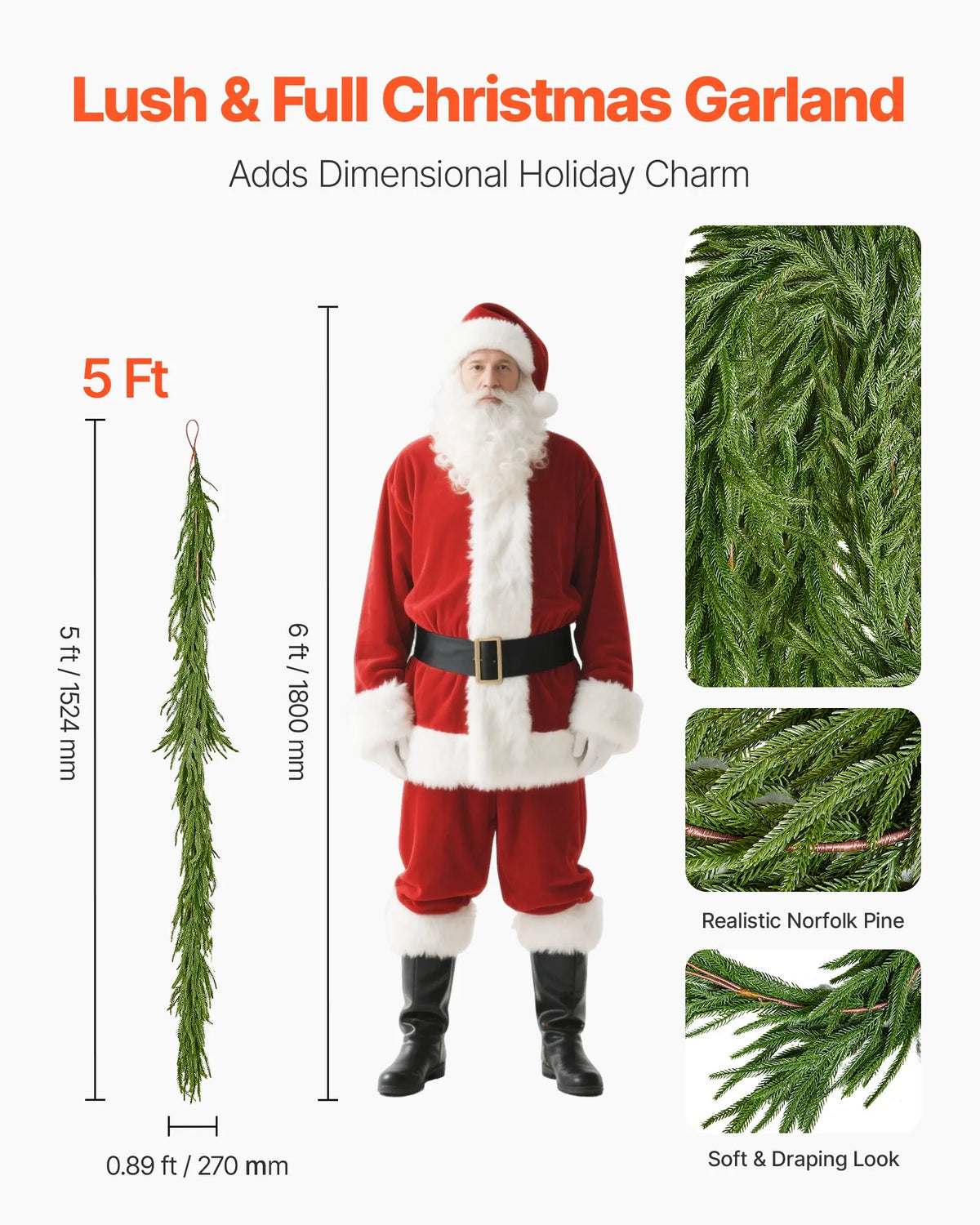 VEVOR 5-Ft Christmas Garland, Realistic Norfolk Pine Artificial Evergreen Greenery for Indoor and Outdoor Holiday Decor