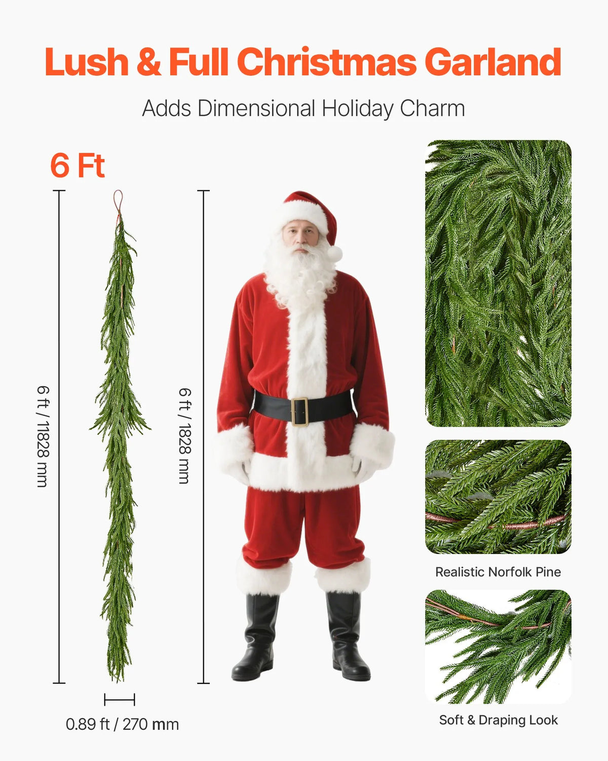 VEVOR 6-Ft Christmas Garland, Realistic Norfolk Pine Artificial Greenery for Indoor and Outdoor Holiday Decor