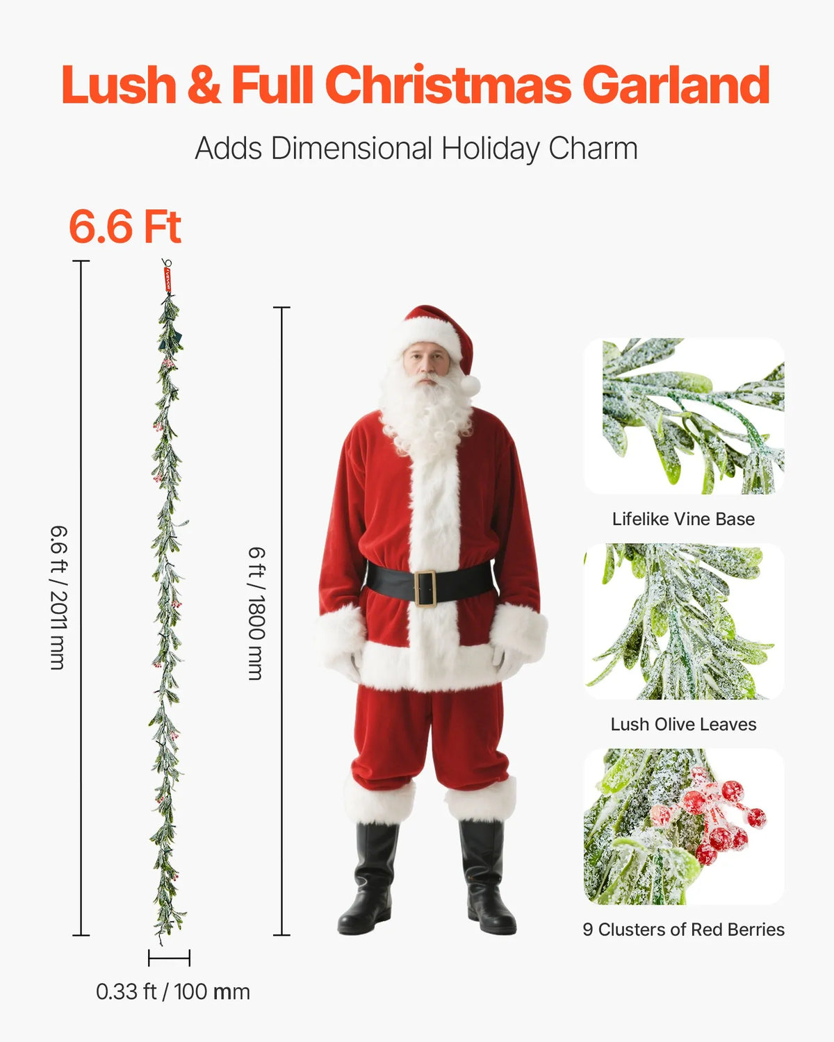 VEVOR 6.6-Ft Christmas Garland with 20 LED Lights, Artificial Greenery with Olive Leaves, Vines and Red Berries for Mantel and Fireplace