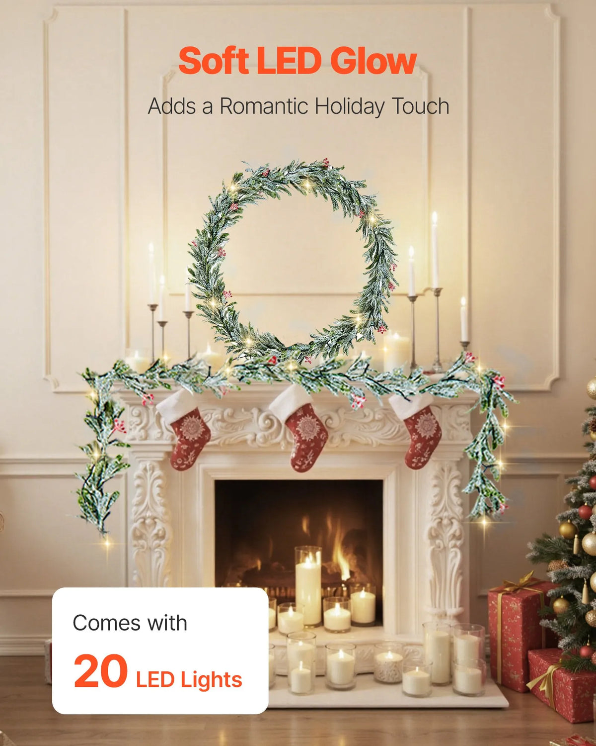 VEVOR 6.6-Ft Christmas Garland with 20 LED Lights, Artificial Greenery with Olive Leaves, Vines and Red Berries for Mantel and Fireplace